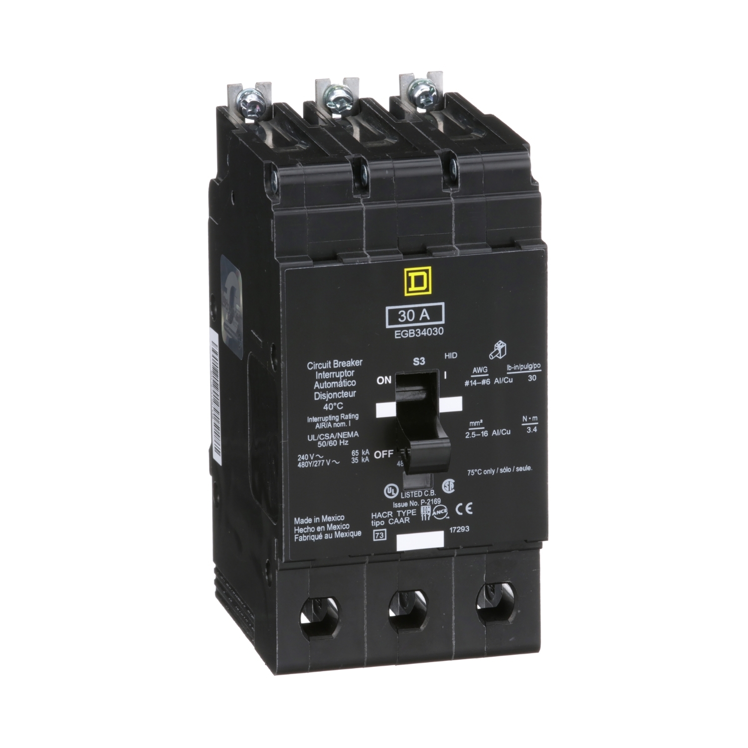EGB34030 E-FRAME Type EGB Molded Case Standard Miniature Circuit Breaker, 277/480Y V AC, 30 A, 35 kA Interrupt, 3 Poles, Thermal Magnetic Trip