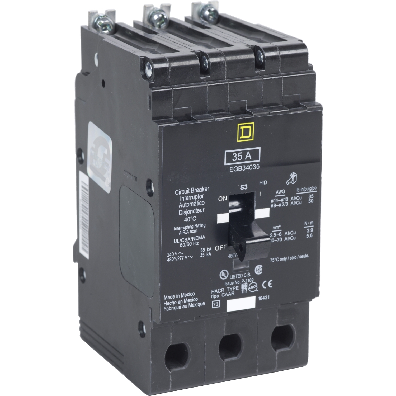 EGB34035 E-FRAME Type EGB Molded Case Miniature Circuit Breaker, 277/480Y V AC, 35 A, 35 kA Interrupt, 3 Poles, Thermal Magnetic Trip