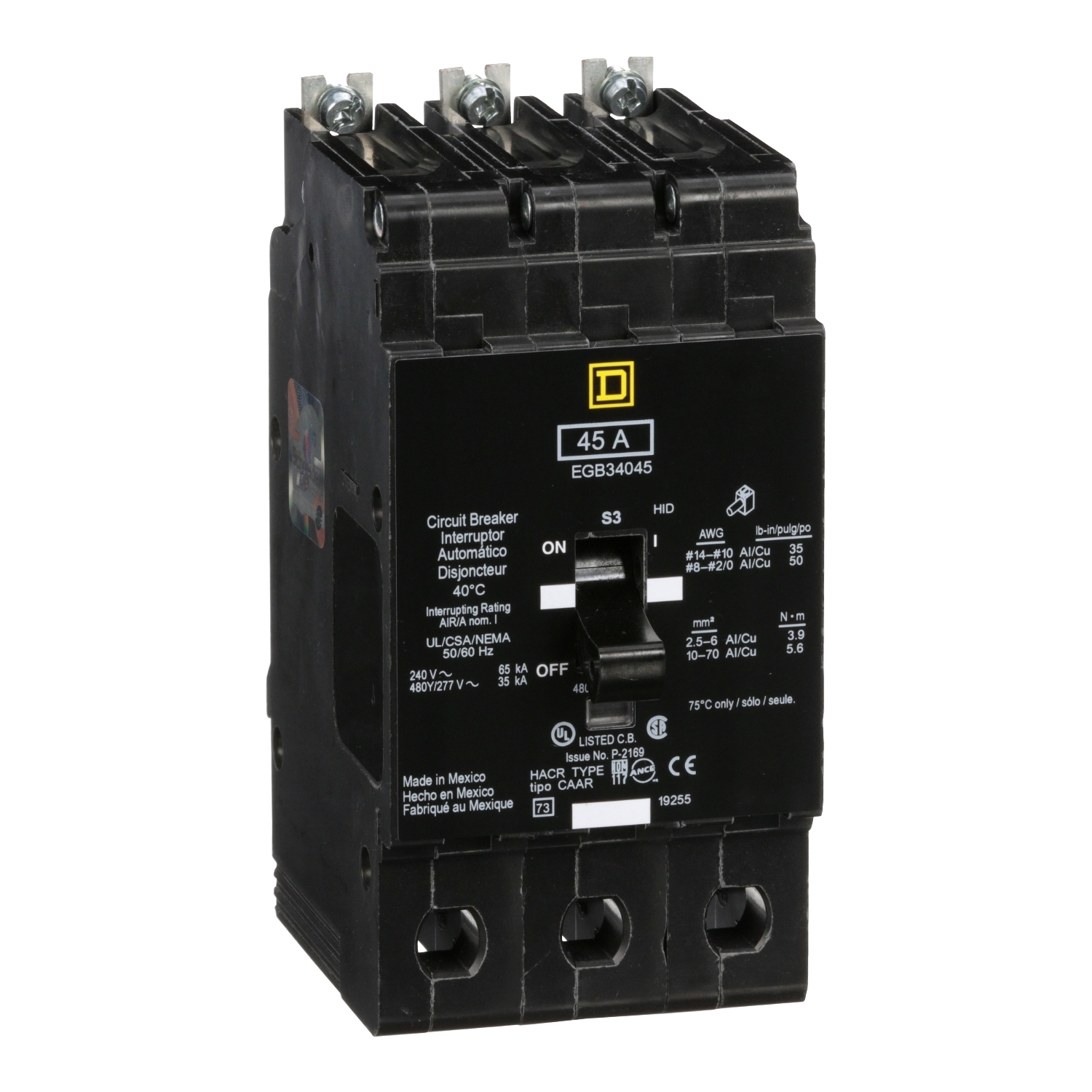EGB34045 Type EGB Miniature Circuit Breaker, 277/480Y V AC, 45 A, 65 kA at 240 VAC, 35 kA at 480Y/277 VAC Interrupt, 3 Poles, Thermal Magnetic Trip