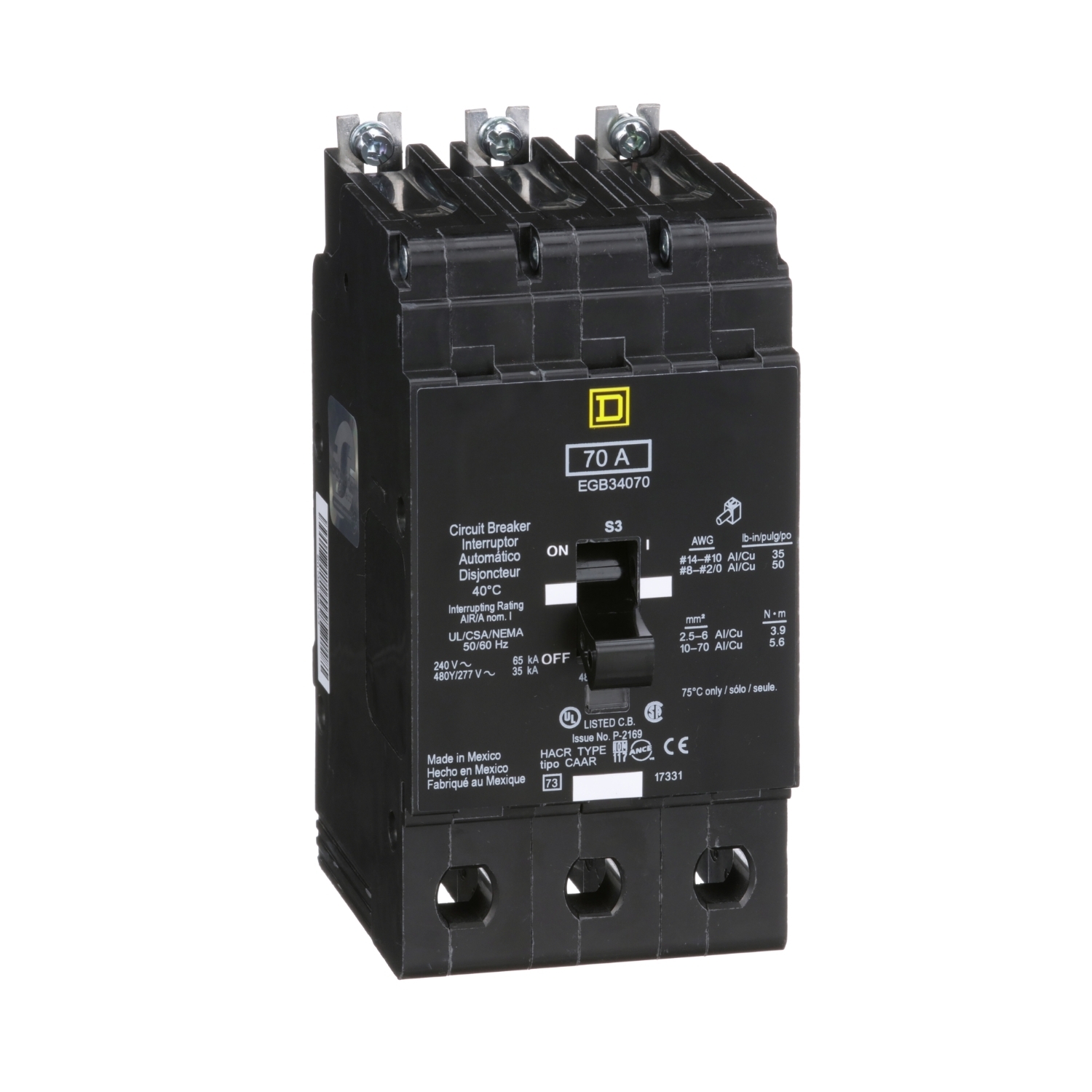 EGB34070 E-FRAME Type EGB Molded Case Standard Miniature Circuit Breaker, 277/480Y V AC, 70 A, 35 kA Interrupt, 3 Poles, Thermal Magnetic Trip