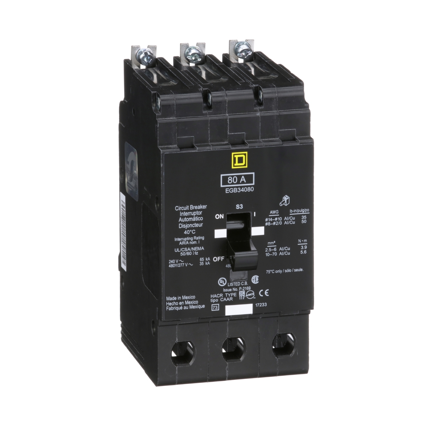 EGB34080 E-FRAME Type EGB Molded Case Standard Miniature Circuit Breaker, 277/480Y V AC, 80 A, 35 kA Interrupt, 3 Poles, Thermal Magnetic Trip