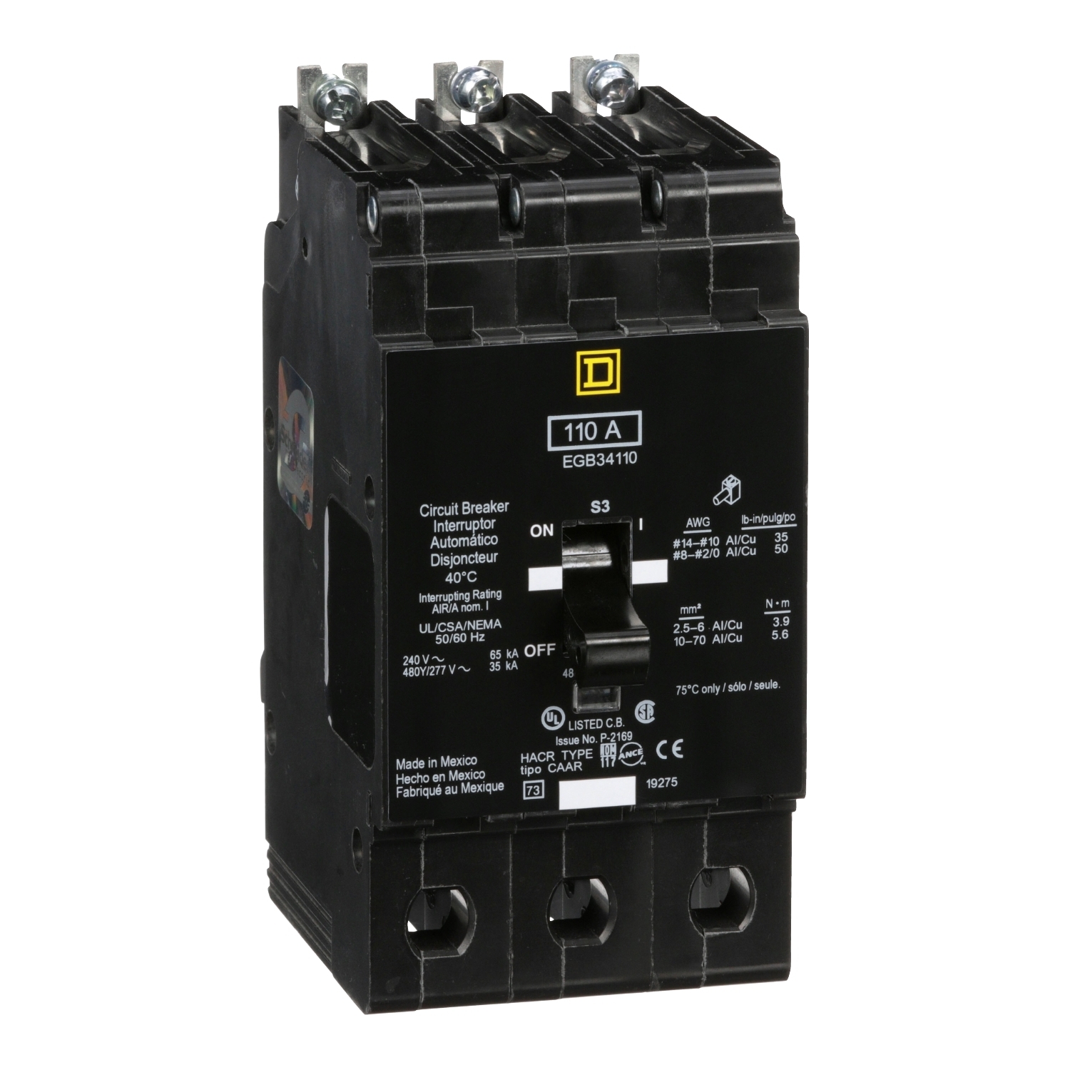 EGB34110 Type EGB Circuit Breaker, 480Y/277 V AC, 110 A, 65 kA at 240 VAC/35 kA at 480Y/277 VAC Interrupt, 3 Poles, Thermal Magnetic Trip