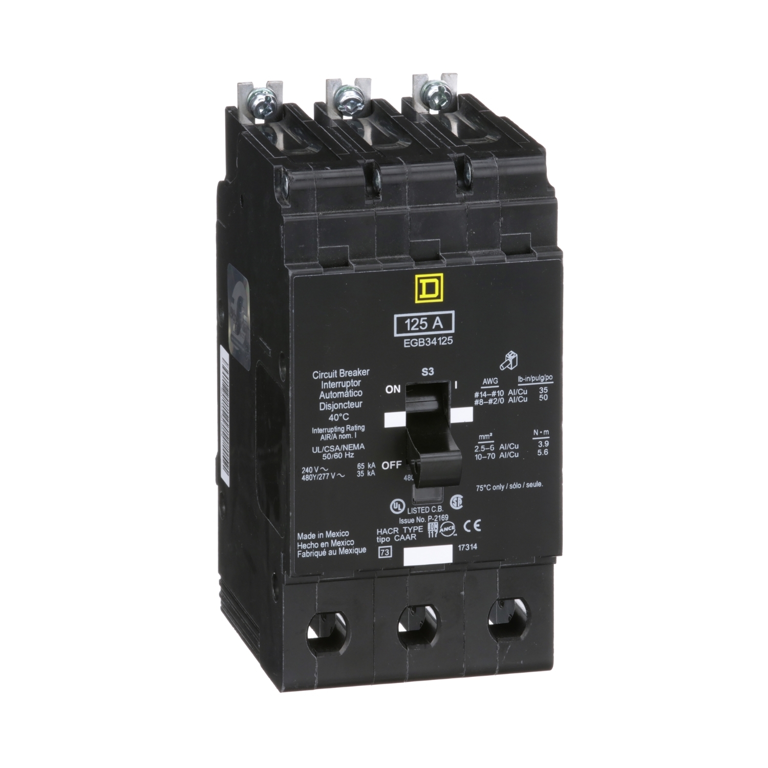 EGB34125 E-FRAME Type EGB Molded Case Standard Miniature Circuit Breaker, 277/480Y V AC, 125 A, 35 kA Interrupt, 3 Poles, Thermal Magnetic Trip