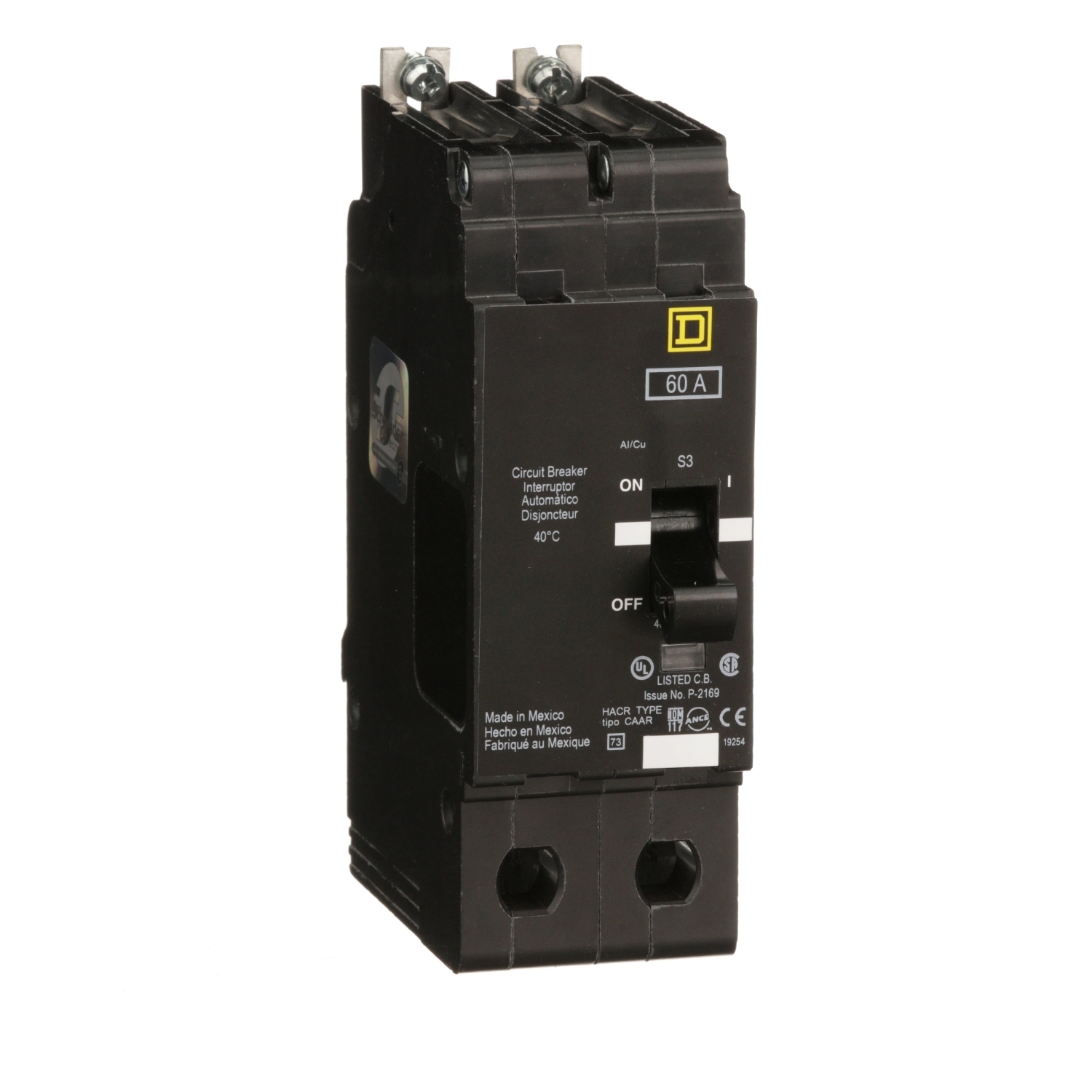 EJB24060 Type EJB Circuit Breaker, 480Y/277 V AC, 60 A, 100 kA at 240 VAC/65 kA at 480Y/277 VAC Interrupt, 2 Poles, Thermal Magnetic Trip