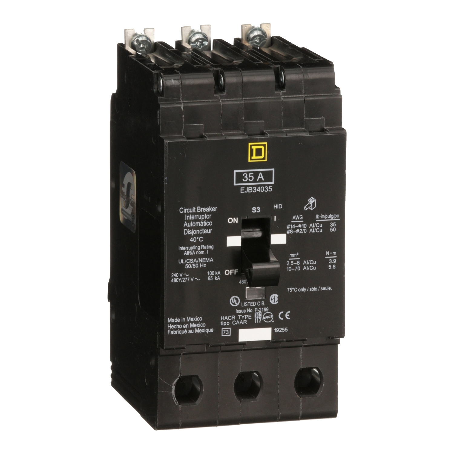 EJB34035 Type EJB Miniature Circuit Breaker, 277/480Y V AC, 35 A, 65 kA at 480Y/277 VAC, 100 kA at 120/240 VAC Interrupt, 3 Poles, Thermal Magnetic Trip