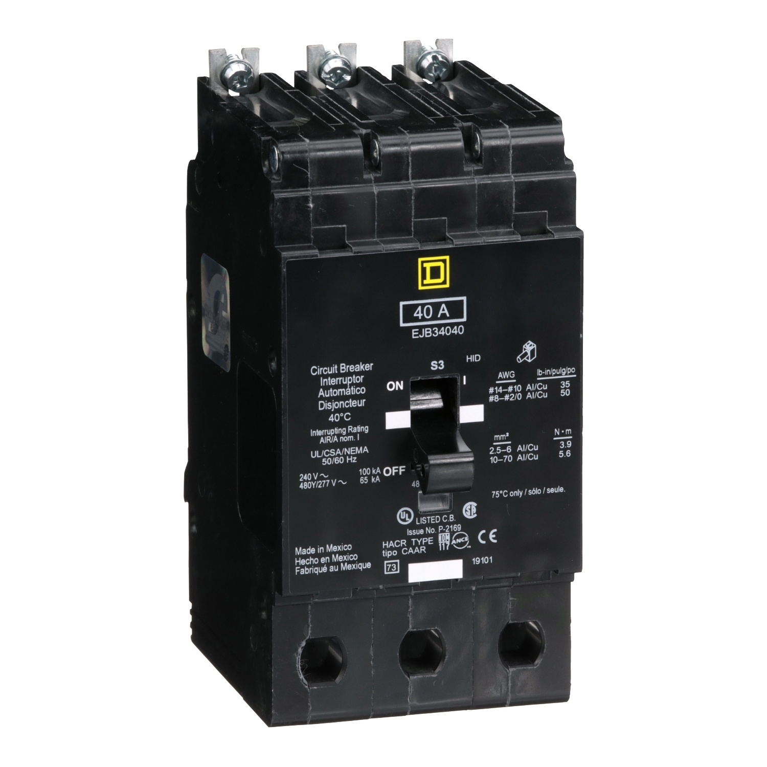EJB34040 E-FRAME Type EJB Molded Case Miniature Circuit Breaker, 277/480Y V AC, 40 A, 65 kA Interrupt, 3 Poles, Thermal Magnetic Trip