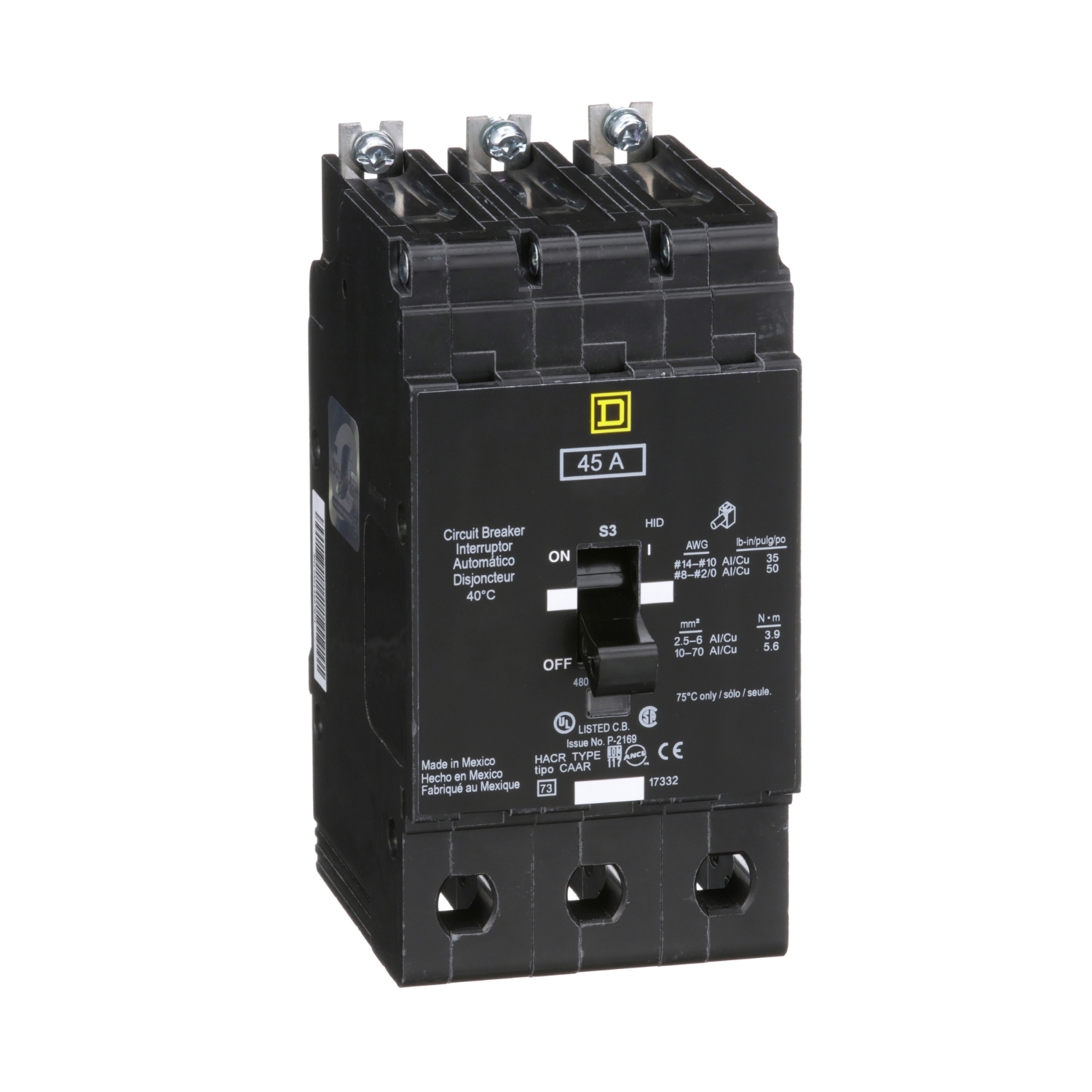 EJB34045 Type EJB Miniature Circuit Breaker, 277/480Y V AC, 45 A, 65 kA at 480Y/277 VAC, 100 kA at 120/240 VAC Interrupt, 3 Poles, Thermal Magnetic Trip