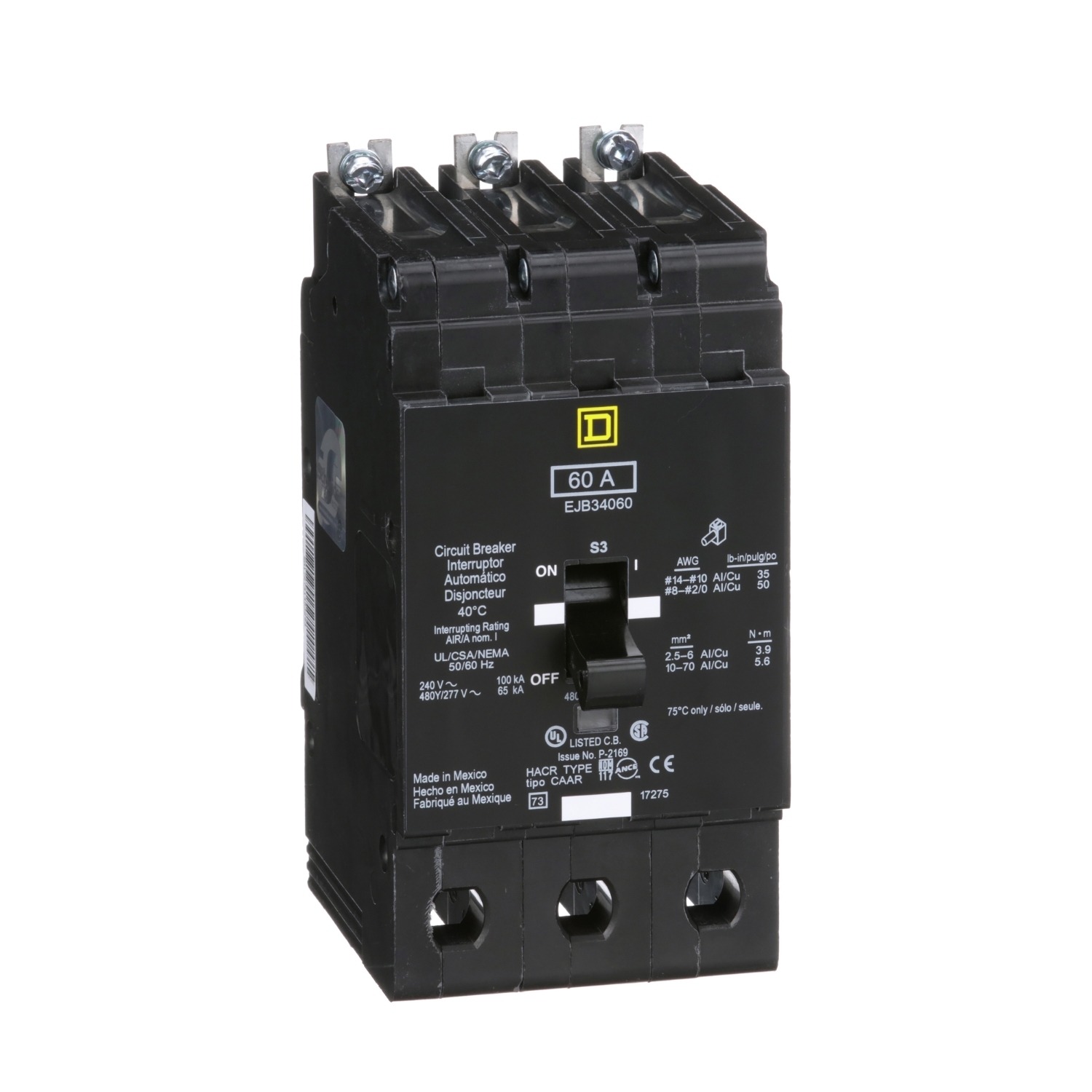 EJB34060 E-FRAME Type EJB Molded Case Standard Miniature Circuit Breaker, 277/480Y V AC, 60 A, 65 kA Interrupt, 3 Poles, Thermal Magnetic Trip