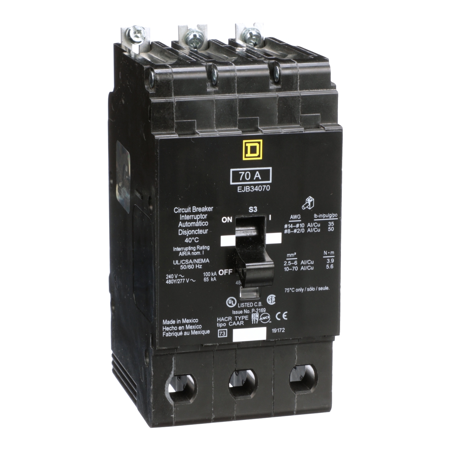 EJB34070 E-FRAME Type EJB Molded Case Miniature Circuit Breaker, 277/480Y V AC, 70 A, 65 kA Interrupt, 3 Poles, Thermal Magnetic Trip