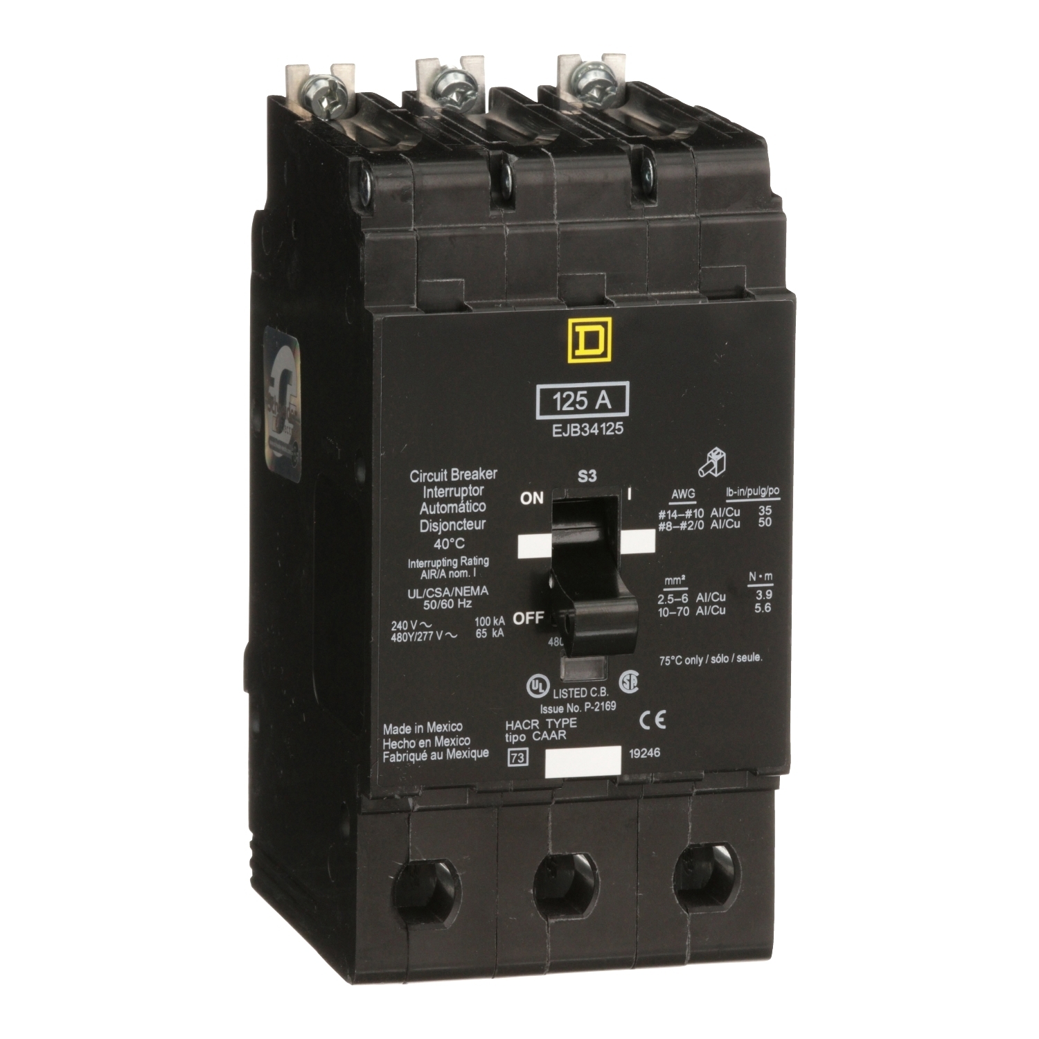 EJB34125 Type EJB Miniature Circuit Breaker, 277/480Y V AC, 125 A, 100 kA at 240 VAC, 65 kA at 480Y/277 VAC Interrupt, 3 Poles, Thermal Magnetic Trip