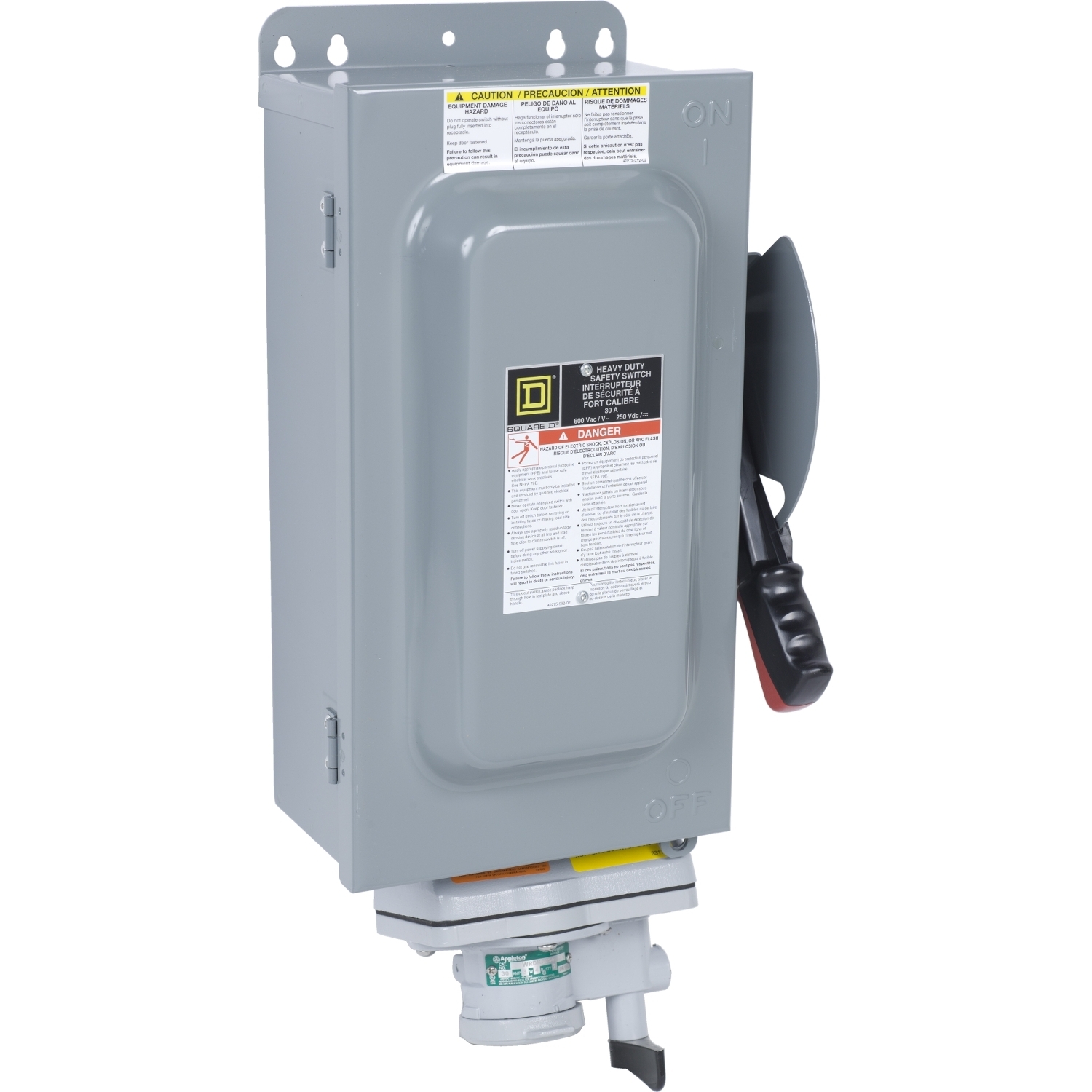 H361AWA F7 Dusttight Driptight Fusible Heavy Duty Iceproof Rainproof Sleetproof Receptacle Safety Switch With Appleton Interlocked Receptacle, 600 V AC/250 V DC, 30 A, 20 hp at 600 VAC, 3NO 3 Form A Contact, 3 Poles