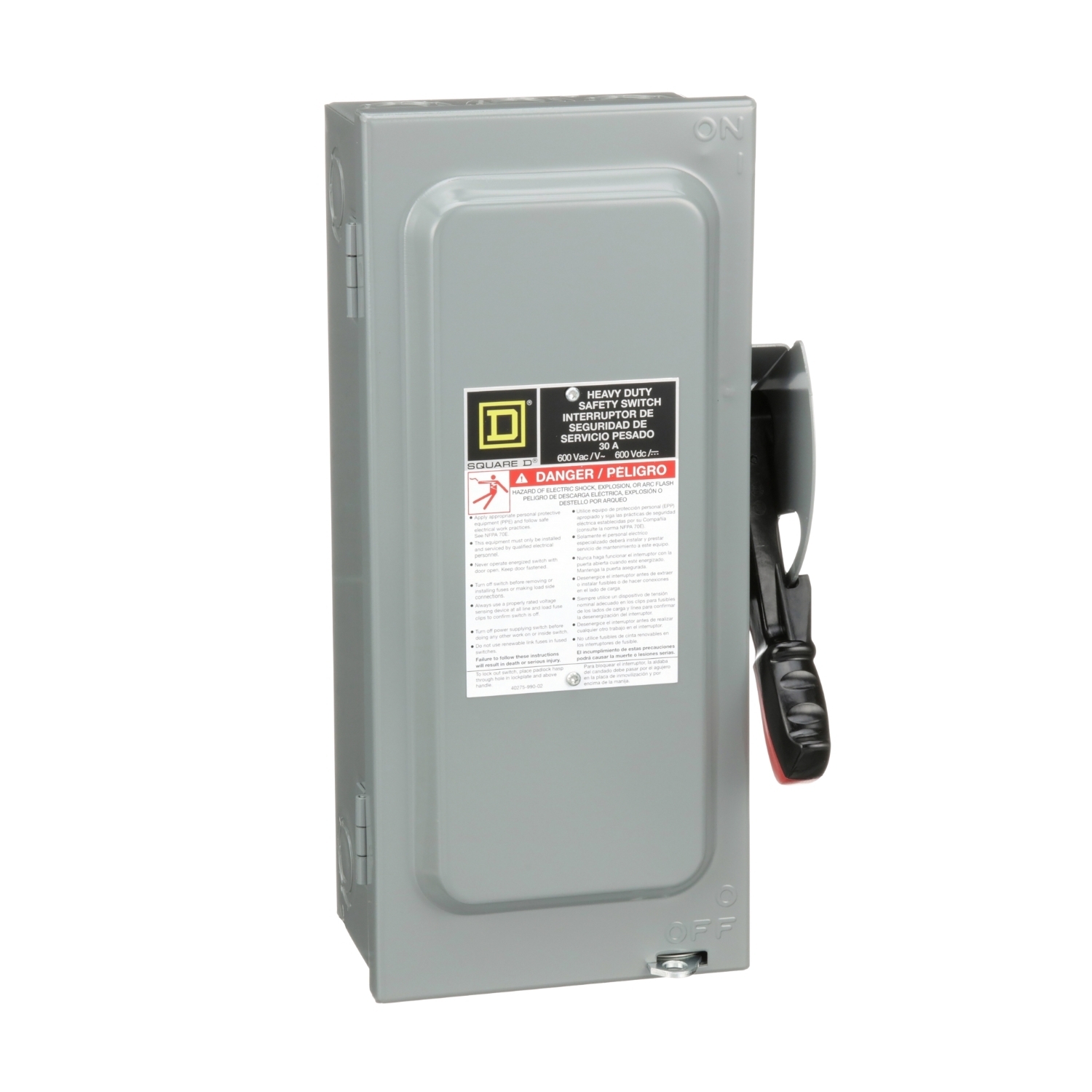 H361N Heavy Duty Fusible Safety Switch, 600 VAC/VDC, 30 A, 7-1/2 hp, 15 hp, 3 Poles
