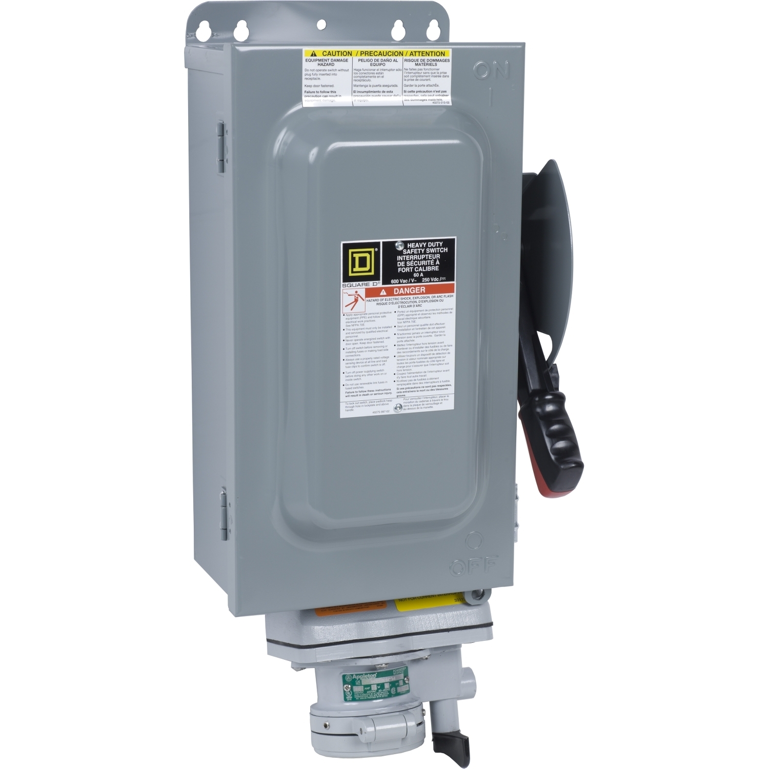 H362AWA F7 Dusttight Driptight Fusible Heavy Duty Rainproof Receptacle Safety Switch With Appleton Interlocked Receptacle, 600 V AC/250 V DC, 60 A, 50 hp at 600 VAC, 3NO 3 Form A Contact, 3 Poles