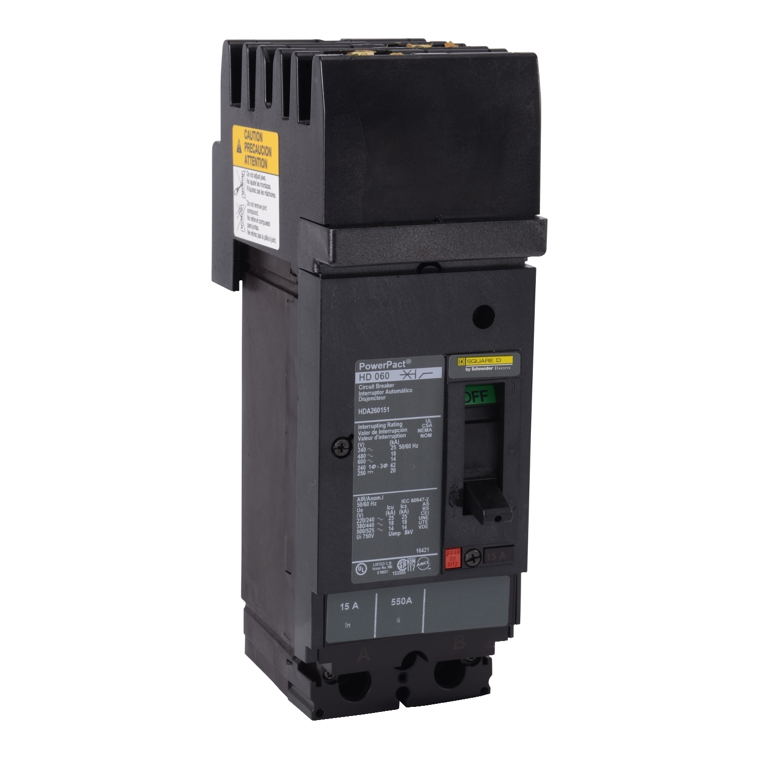HDA260204 I-Line PowerPact H Type HDA Molded Case Circuit Breaker, 600 V AC/250 V DC, 20 A, 18/14/20/25 kA Interrupt, 2 Poles, Thermal Magnetic Trip