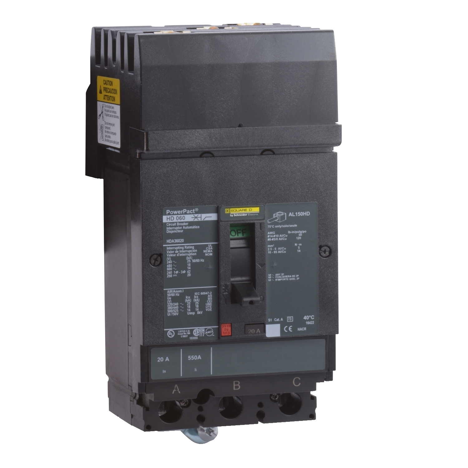 HDA36020 PowerPact 80% Rated Type HDA Molded Case Circuit Breaker, 600 V AC/250 V DC, 20 A, 25 kA at 240 VAC/18 kA at 480 VAC/14 kA at 600 VAC/20 kA at 250VDC Interrupt, 3 Poles, Thermal Magnetic Trip