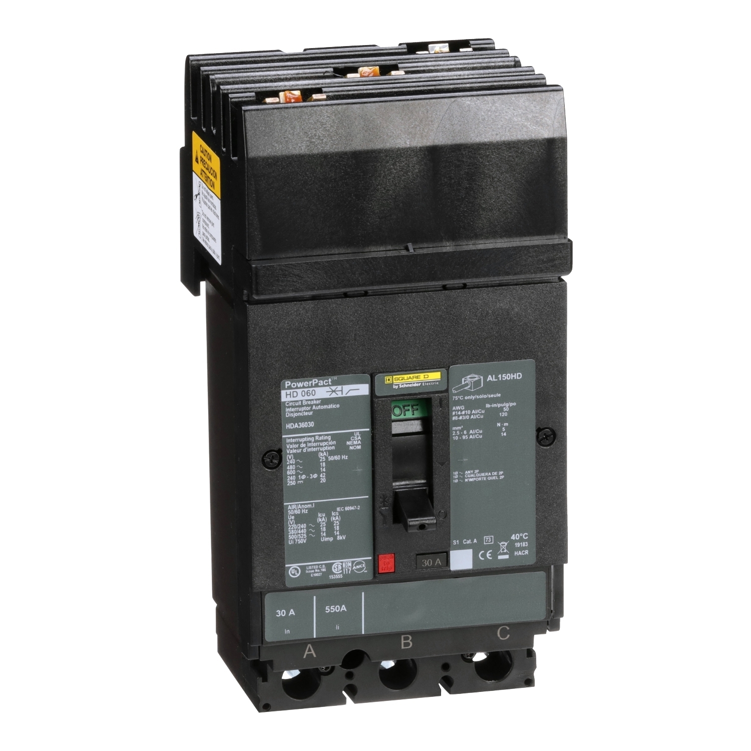 HDA36030 PowerPact 80% Rated Type HDA Molded Case Circuit Breaker, 600 V AC/250 V DC, 30 A, 25 kA at 240 VAC/18 kA at 480 VAC/14 kA at 600 VAC/20 kA at 250VDC Interrupt, 3 Poles, Thermal Magnetic Trip