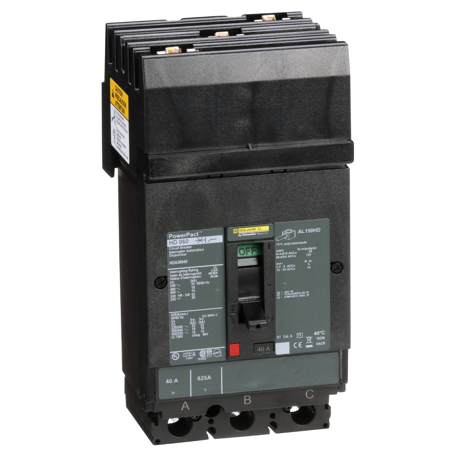 HDA36040 PowerPact 80% Rated Type HDA Molded Case Circuit Breaker, 600 V AC/250 V DC, 40 A, 25 kA at 240 VAC/18 kA at 480 VAC/14 kA at 600 VAC/20 kA at 250VDC Interrupt, 3 Poles, Thermal Magnetic Trip