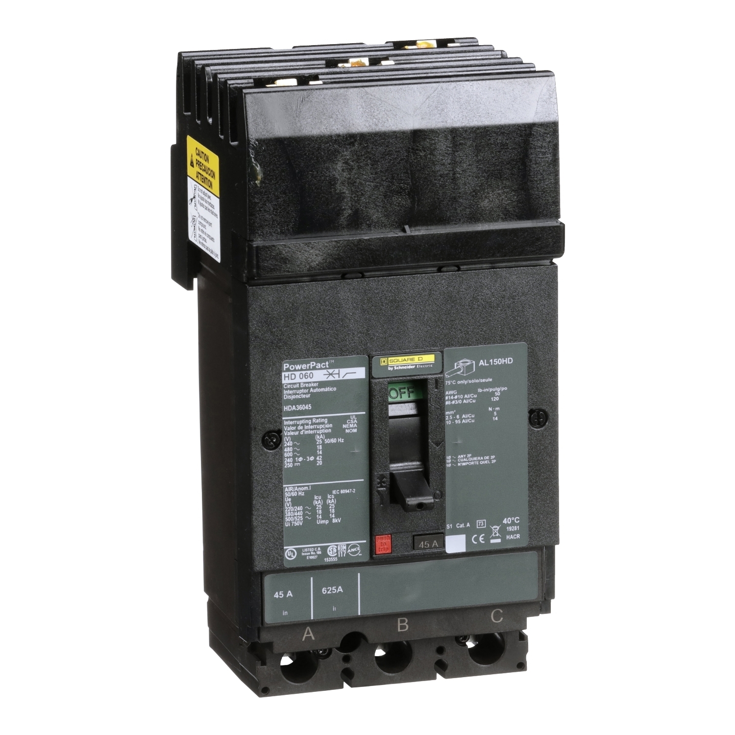 HDA36045 I-Line PowerPact 80% Rated Type HDA Molded Case Circuit Breaker, 600 V AC/250 V DC, 45 A, 18 kA at 480 VAC/25 kA at 240 VAC/14 kA at 600 VAC/20 kA at 250 VDC/250 VDC/600 VAC Interrupt, 3 Poles, Thermal Magnetic Trip