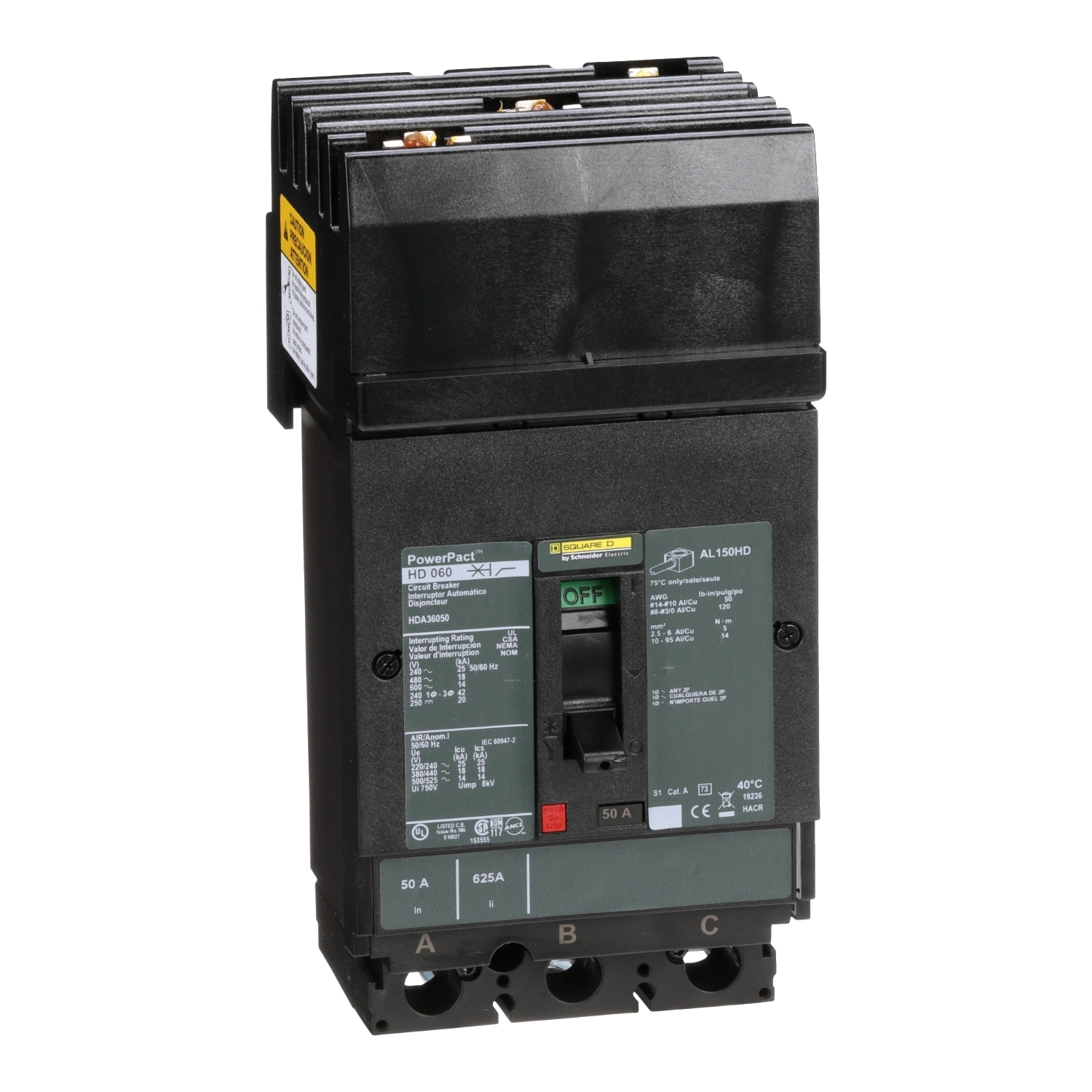 HDA36050 PowerPact 80% Rated Type HDA Molded Case Circuit Breaker, 600 V AC/250 V DC, 50 A, 25 kA at 240 VAC/18 kA at 480 VAC/14 kA at 600 VAC/20 kA at 250VDC Interrupt, 3 Poles, Thermal Magnetic Trip