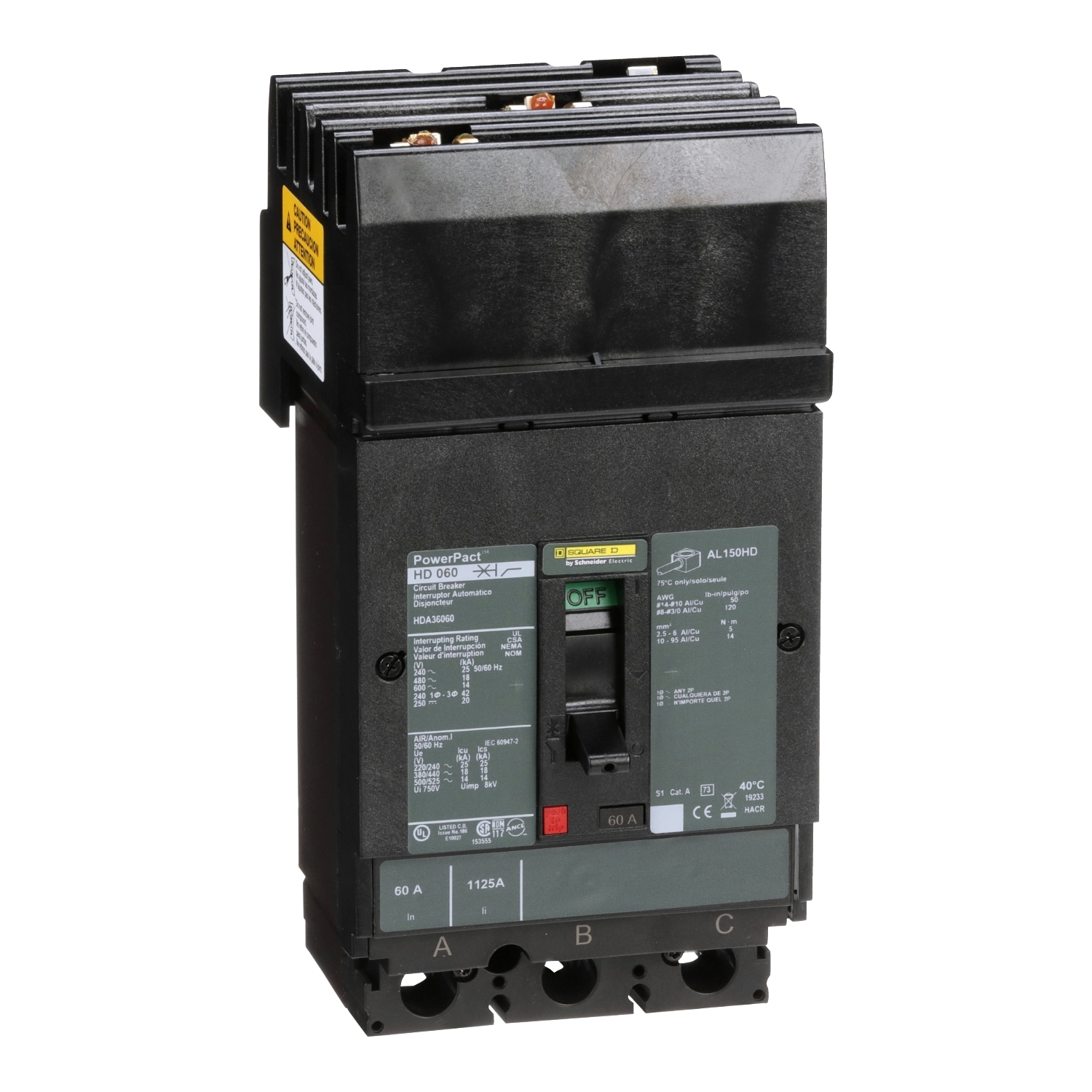 HDA36060 PowerPact 80% Rated Type HDA Molded Case Circuit Breaker, 600 V AC/250 V DC, 60 A, 25 kA at 240 VAC/18 kA at 480 VAC/14 kA at 600 VAC/20 kA at 250VDC Interrupt, 3 Poles, Thermal Magnetic Trip