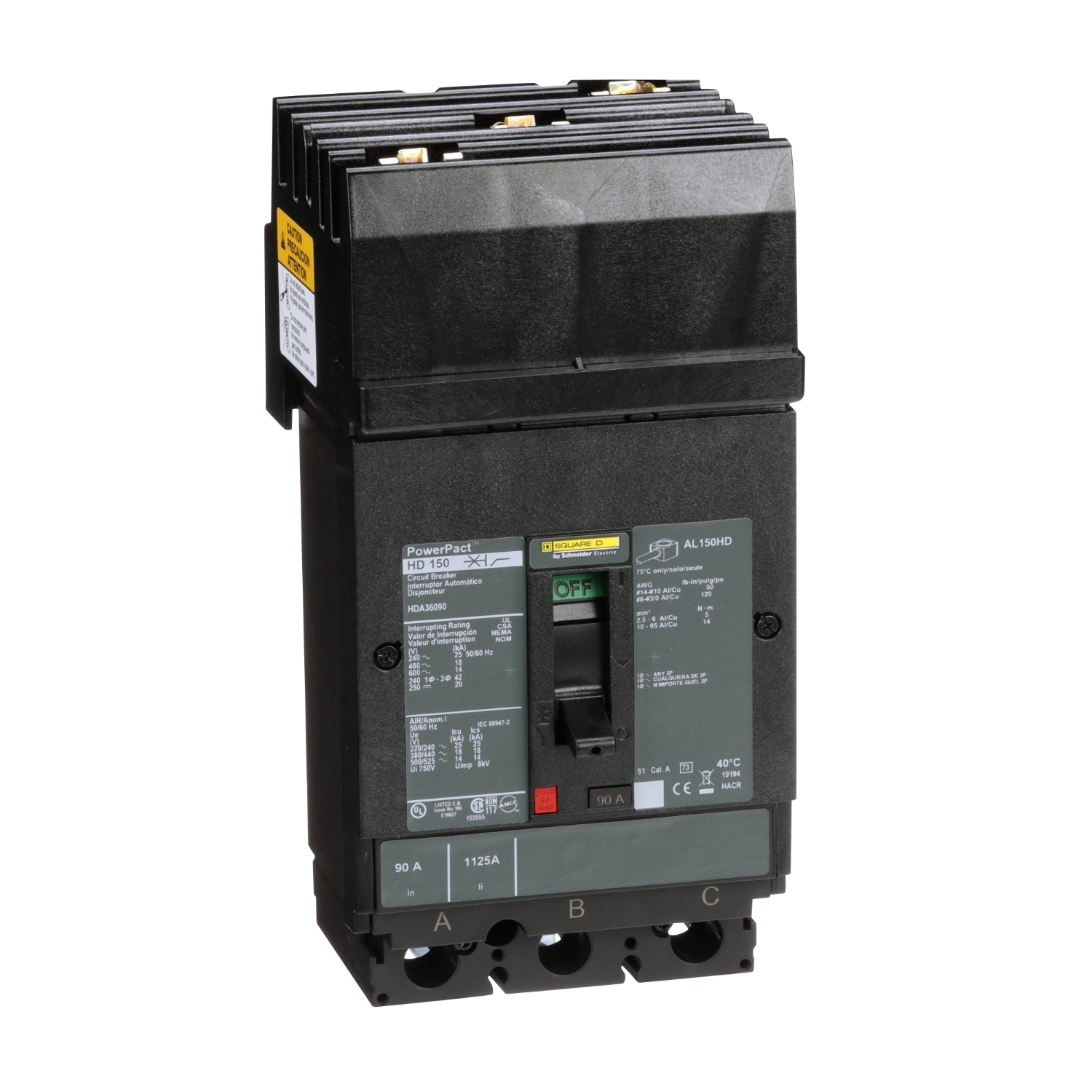 HDA36090 HDA 80% Rated Type HDA 3-Pole Molded Case Circuit Breaker, 600 V AC/250 V DC, 90 A, 14 to 20 kA Interrupt, 3 Poles, Thermal Magnetic Trip