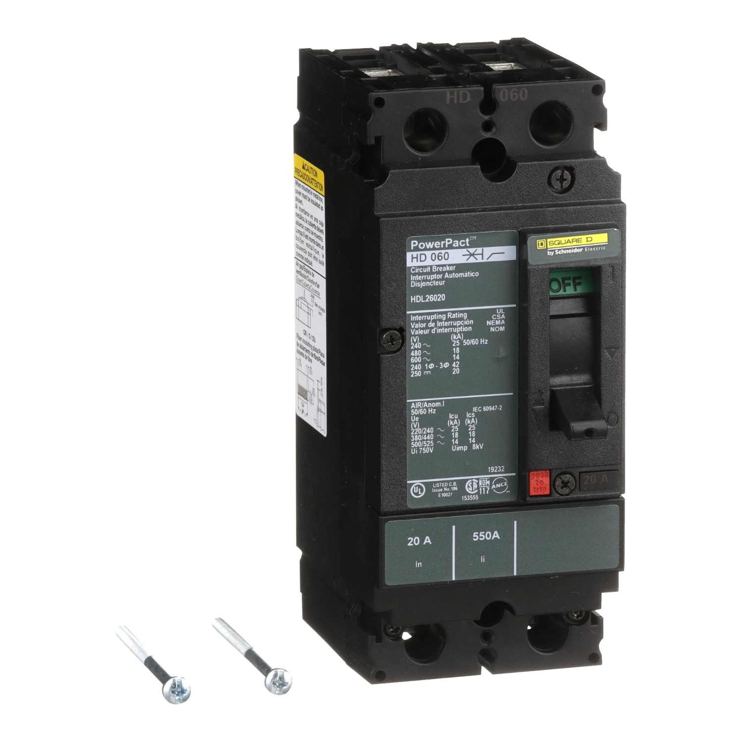 HDL26020 PowerPact 80% Rated Type HDA Molded Case Circuit Breaker, 600 V AC/250 V DC, 20 A, 25 kA at 240 VAC/18 kA at 480 VAC/14 kA at 600 VAC/20 kA at 250VDC Interrupt, 2 Poles, Thermal Magnetic Trip