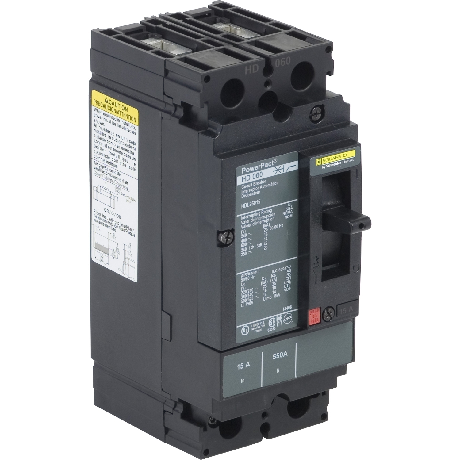 HDL26025 I-Line PowerPact Type HDL Molded Case Circuit Breaker, 600 V AC/250 V DC, 25 A, 25 kA at 240 VAC/18 kA at 480 VAC/14 kA at 600 VAC/20 kA at 250 VDC Interrupt, 2 Poles, Thermal Magnetic Trip