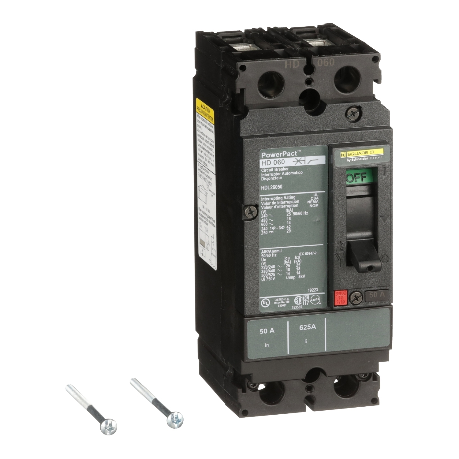 HDL26050 PowerPact 80% Rated Type HDA Molded Case Circuit Breaker, 600 V AC/250 V DC, 50 A, 25 kA at 240 VAC/18 kA at 480 VAC/14 kA at 600 VAC/20 kA at 250VDC Interrupt, 2 Poles, Thermal Magnetic Trip