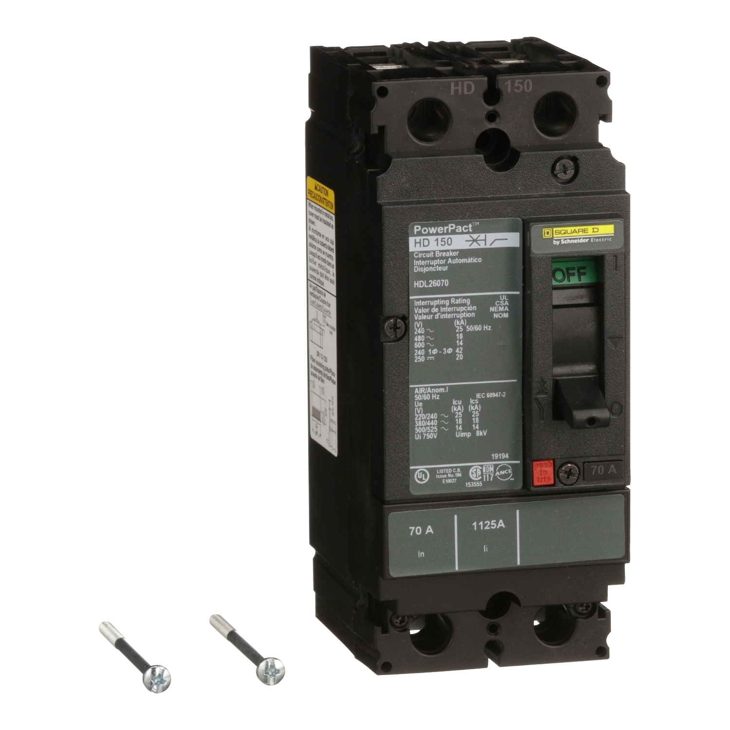 HDL26070 I-Line PowerPact 80% Rated Type HDA Molded Case Circuit Breaker, 600 V AC/250 V DC, 70 A, 18 kA at 480 VAC/25 kA at 240 VAC/14 kA at 600 VAC/20 kA at 250 VDC/250 VDC/600 VAC Interrupt, 2 Poles, Thermal Magnetic Trip