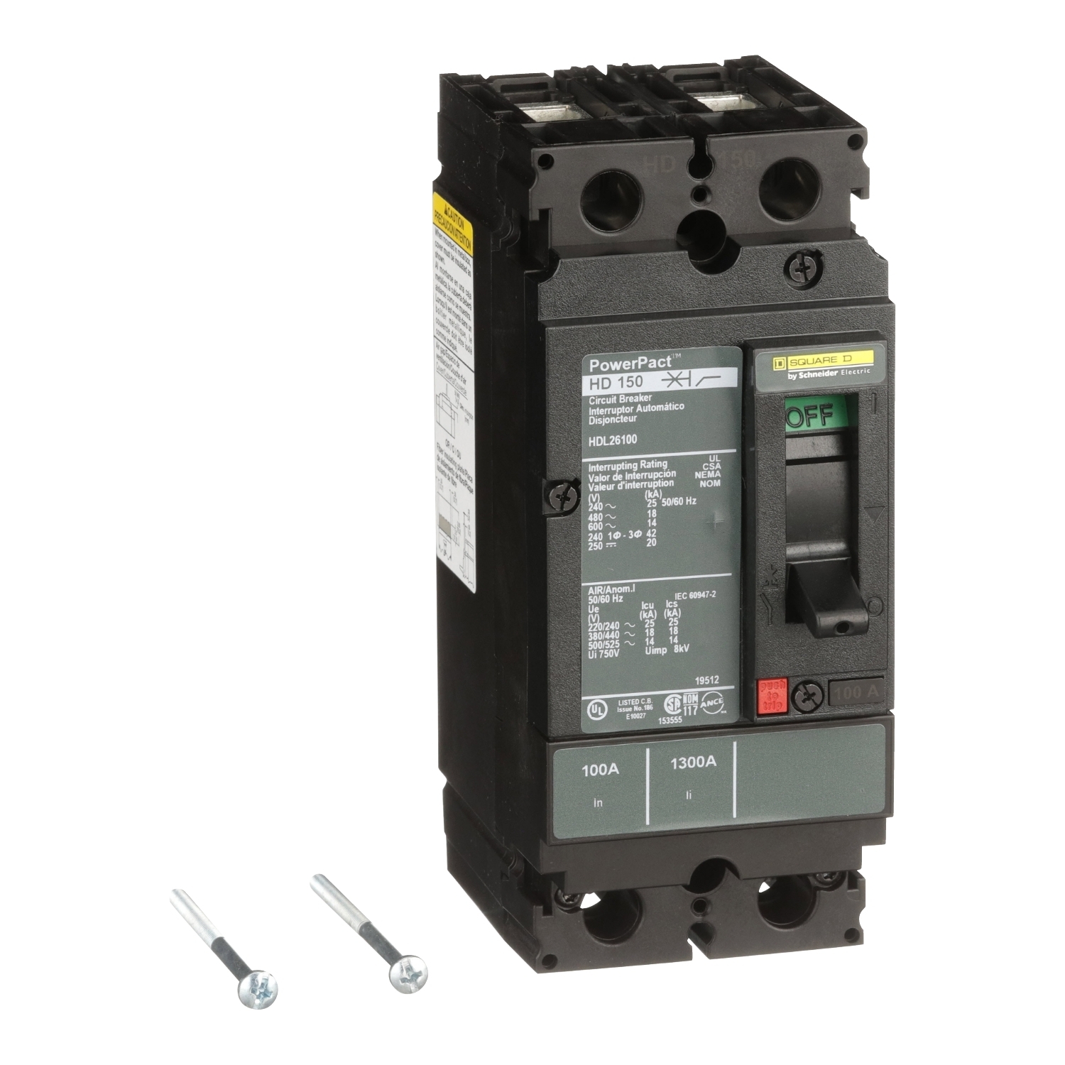 HDL26100 PowerPact 80% Rated Type HDA Molded Case Circuit Breaker, 600 V AC/250 V DC, 100 A, 25 kA at 240 VAC/18 kA at 480 VAC/14 kA at 600 VAC/20 kA at 250VDC Interrupt, 2 Poles, Thermal Magnetic Trip
