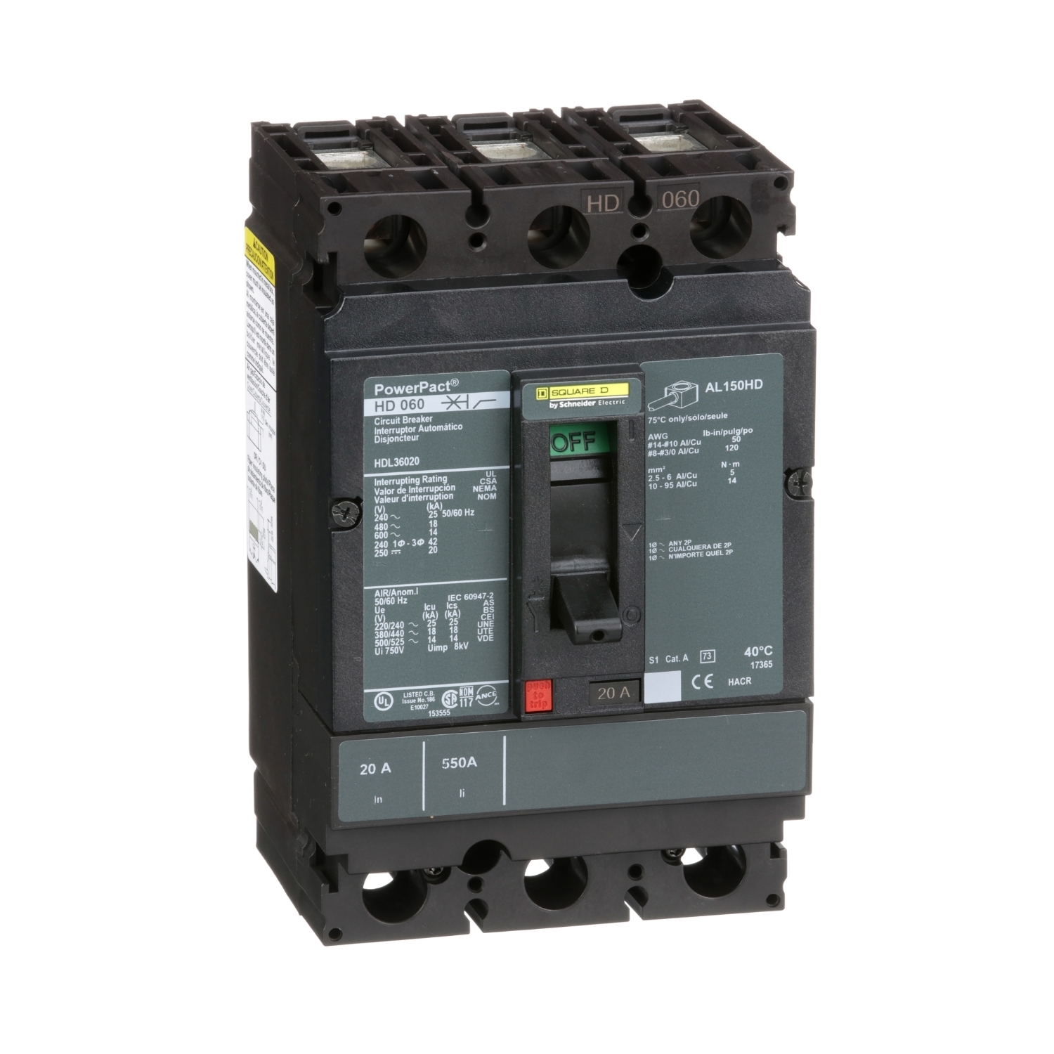 HDL36020 PowerPact 80% Rated Type HDA Molded Case Circuit Breaker, 600 V AC/250 V DC, 20 A, 25 kA at 240 VAC/18 kA at 480 VAC/14 kA at 600 VAC/20 kA at 250VDC Interrupt, 3 Poles, Thermal Magnetic Trip
