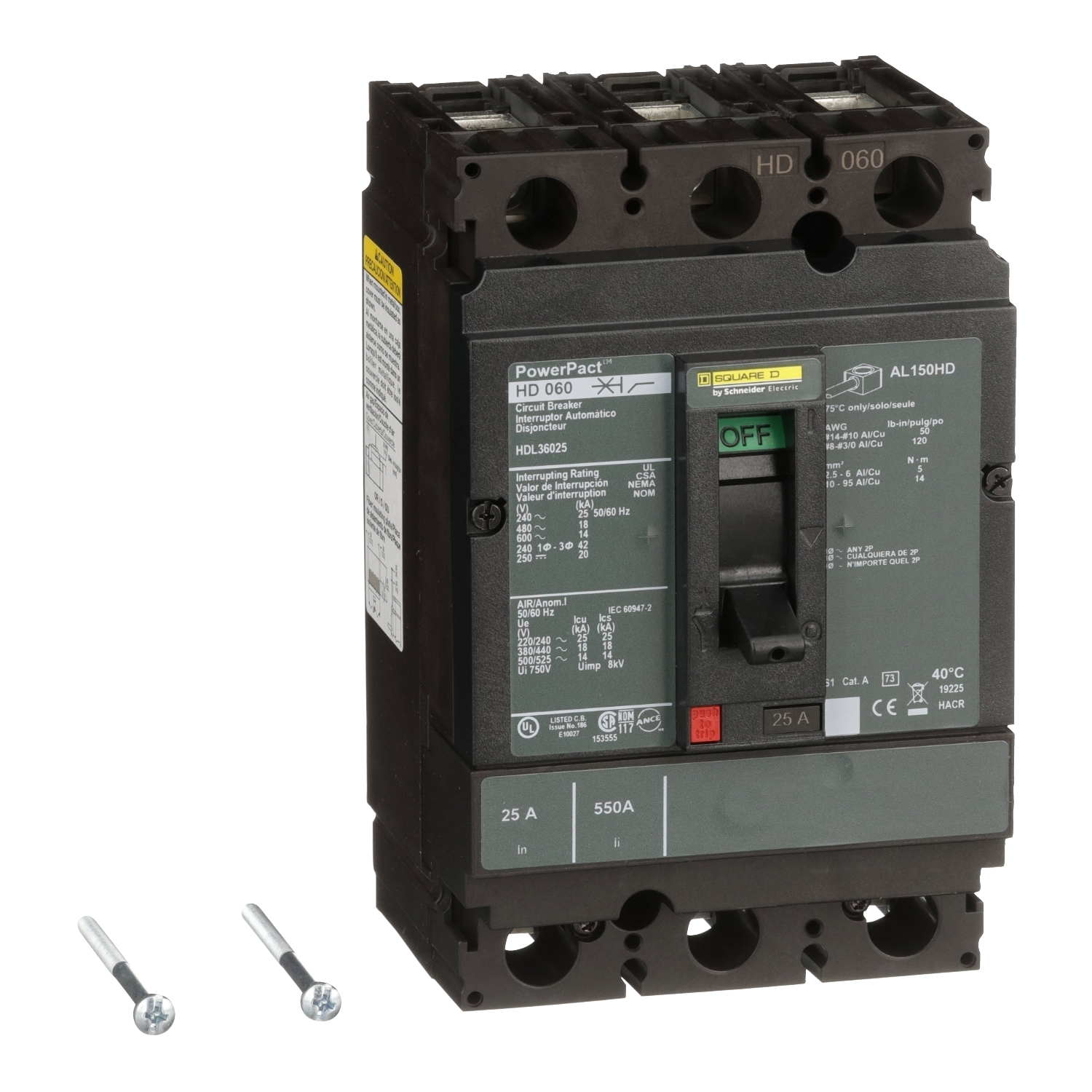 HDL36025 HDL Hda Molded Case Circuit Breaker, 600 V AC/250 V DC, 25 A, 14 to 20 kA Interrupt, 3 Poles, Thermal Magnetic Trip
