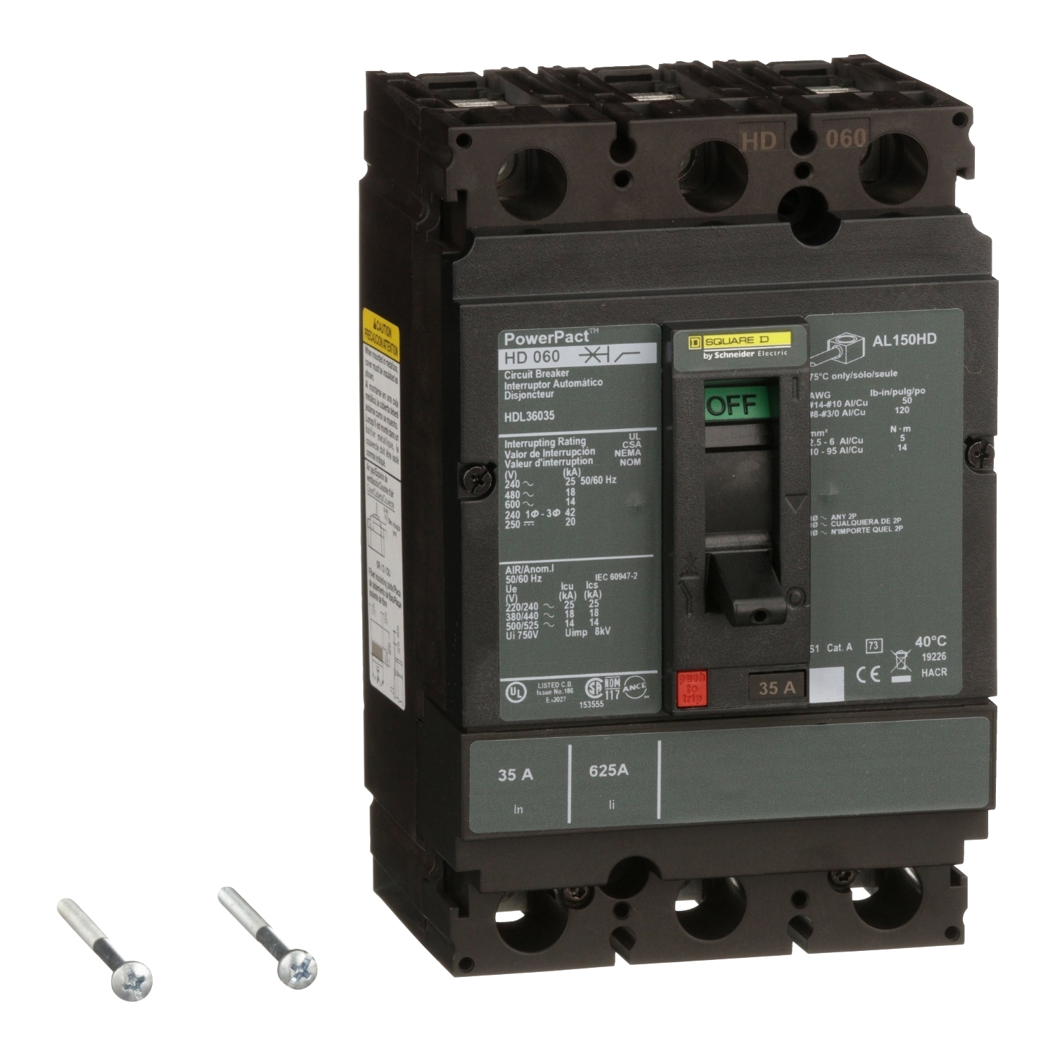 HDL36035 HDL 80% Rated Type HDA 3-Pole Molded Case Circuit Breaker, 600 V AC/250 V DC, 35 A, 14 to 20 kA Interrupt, 3 Poles, Thermal Magnetic Trip