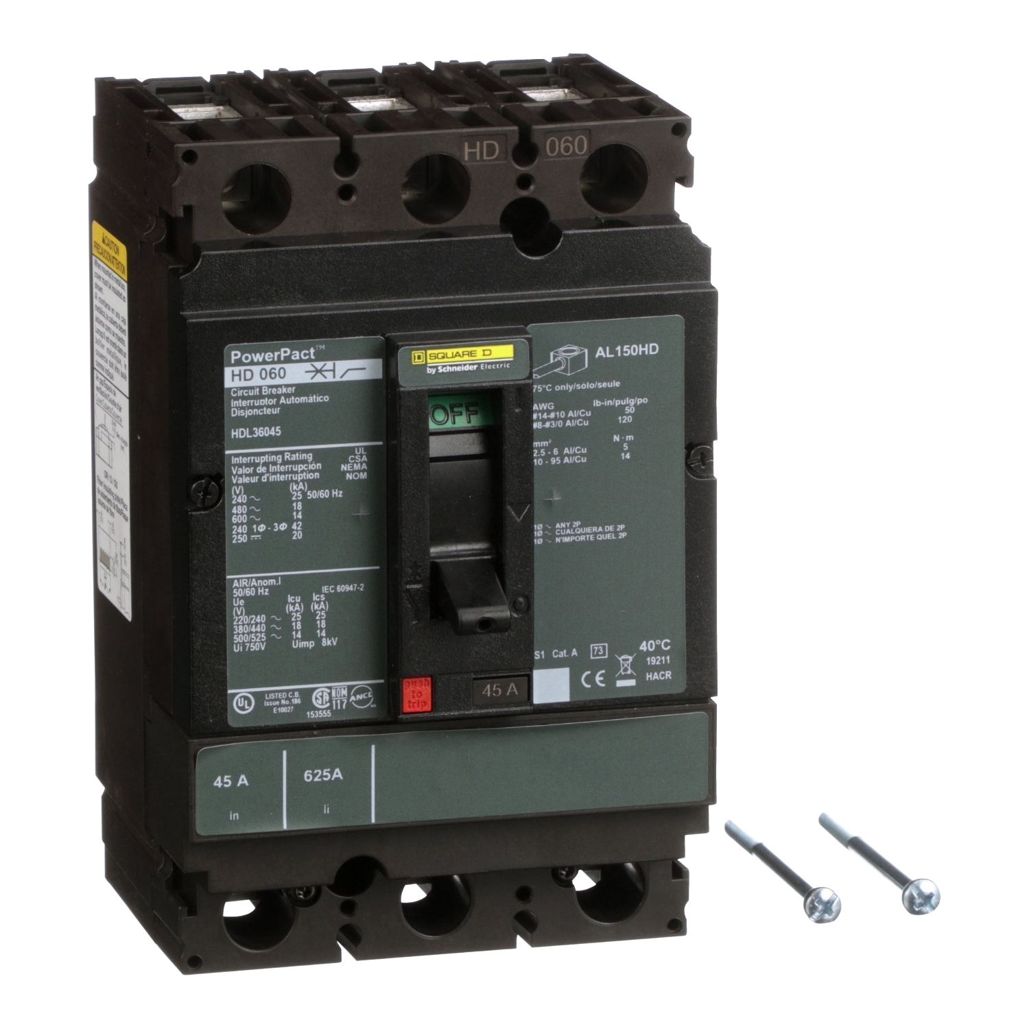 HDL36045 I-Line PowerPact 80% Rated Type HDA Molded Case Circuit Breaker, 600 V AC/250 V DC, 45 A, 25 kA at 240 VAC/18 kA at 480 VAC/14 kA at 600 VAC/20 kA at 250VDC Interrupt, 3 Poles, Thermal Magnetic Trip
