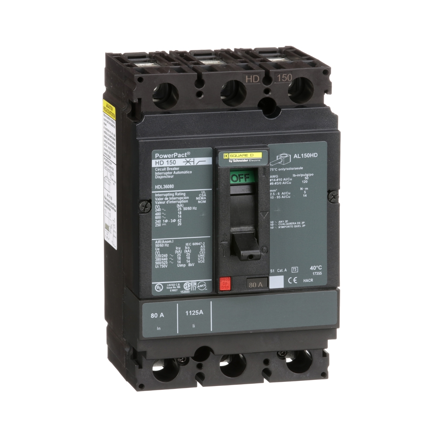HDL36080 PowerPact 80% Rated Type HDA Molded Case Circuit Breaker, 600 V AC/250 V DC, 80 A, 25 kA at 240 VAC/18 kA at 480 VAC/14 kA at 600 VAC/20 kA at 250VDC Interrupt, 3 Poles, Thermal Magnetic Trip