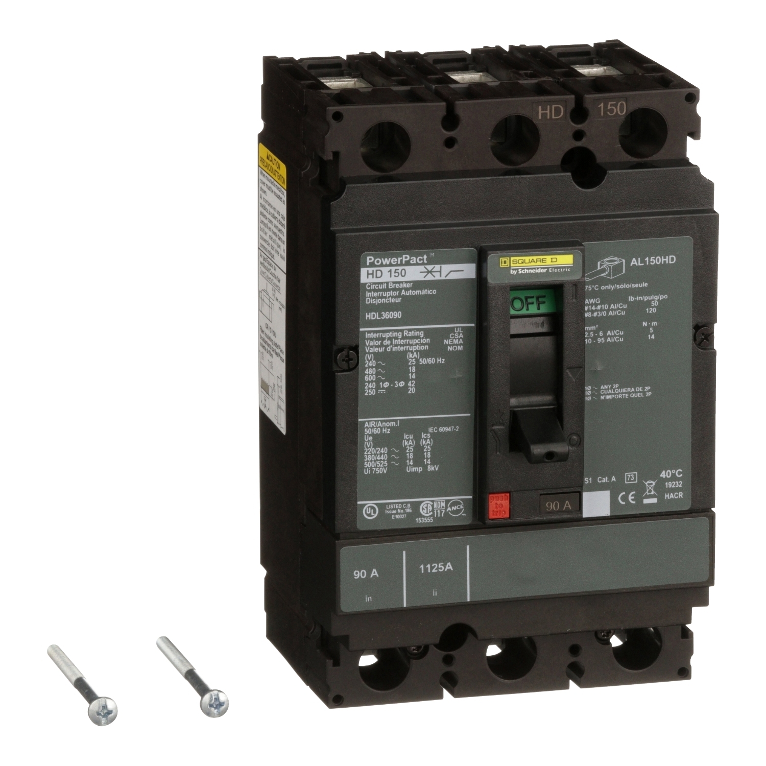 HDL36090 PowerPact 80% Rated Type HDA Molded Case Circuit Breaker, 600 V AC/250 V DC, 90 A, 25 kA at 240 VAC/18 kA at 480 VAC/14 kA at 600 VAC/20 kA at 250VDC Interrupt, 3 Poles, Thermal Magnetic Trip