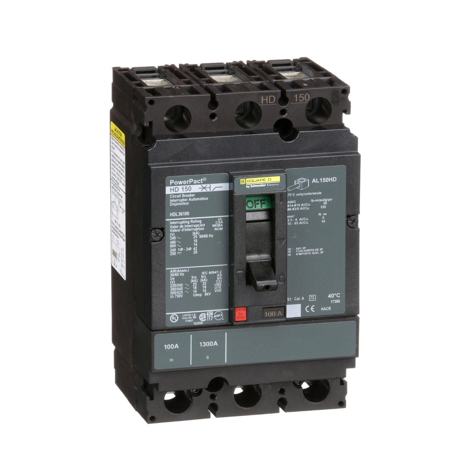 HDL36100 PowerPact 80% Rated Type HDA Molded Case Circuit Breaker, 600 V AC/250 V DC, 100 A, 25 kA at 240 VAC/18 kA at 480 VAC/14 kA at 600 VAC/20 kA at 250VDC Interrupt, 3 Poles, Thermal Magnetic Trip