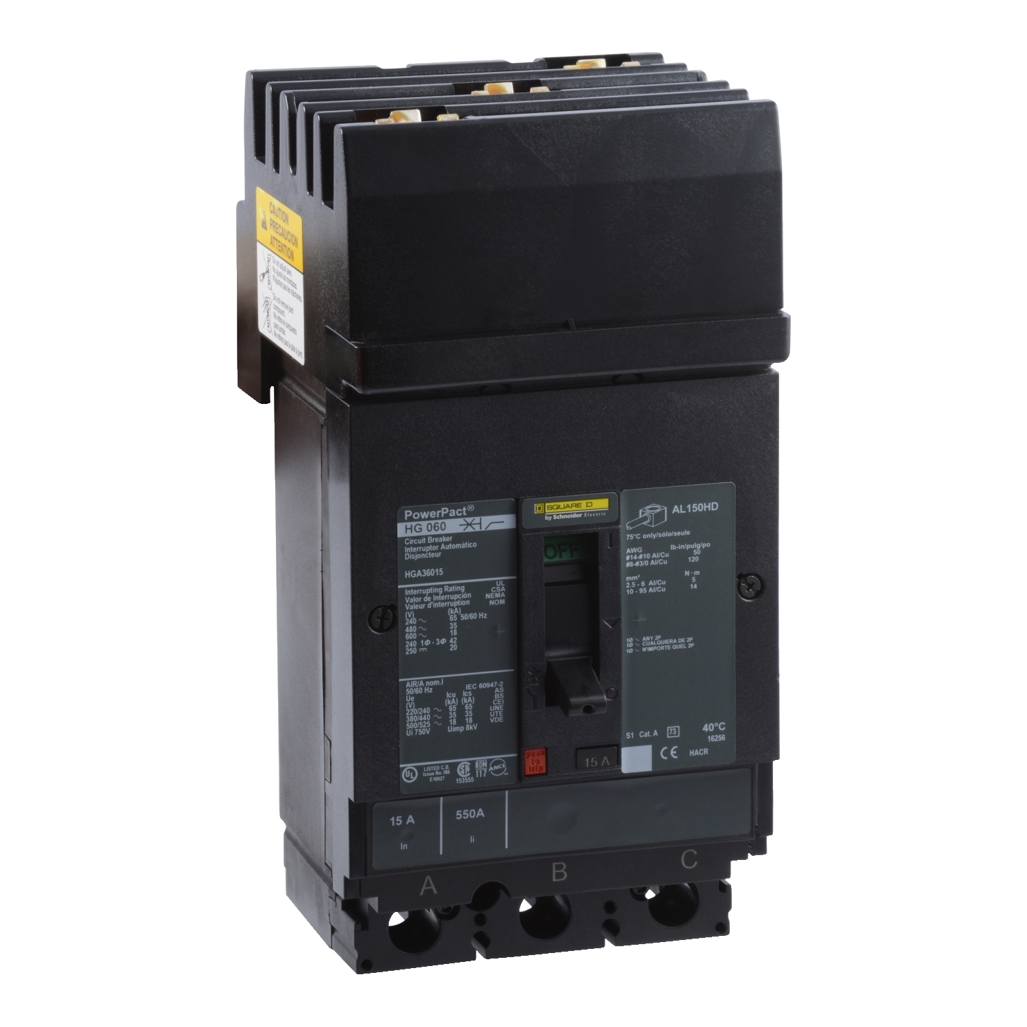 HGA36015 PowerPact 80% Rated Type HGA Molded Case Circuit Breaker, 600 V AC/250 V DC, 15 A, 65 kA at 240 VAC/35 kA at 480 VAC/18 kA at 600 VAC/20 kA at 250VDC Interrupt, 3 Poles, Thermal Magnetic Trip
