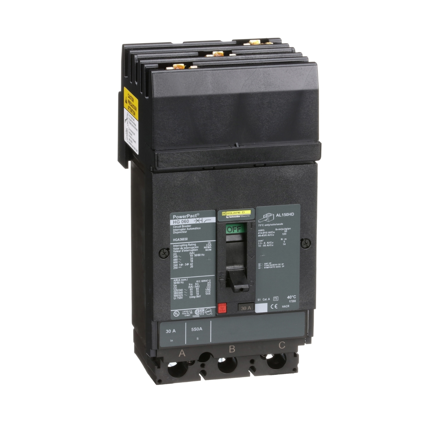 HGA36030 PowerPact 80% Rated Type HGA Molded Case Circuit Breaker, 600 V AC/250 V DC, 30 A, 65 kA at 240 VAC/35 kA at 480 VAC/18 kA at 600 VAC/20 kA at 250VDC Interrupt, 3 Poles, Thermal Magnetic Trip