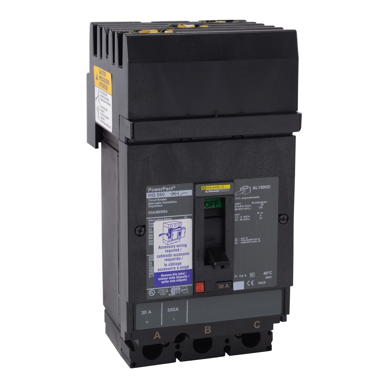 Circuit breaker, PowerPacT H, 45A, 3 pole, 600VAC, 18kA, I-Line, thermal magnetic, 80%, ABC