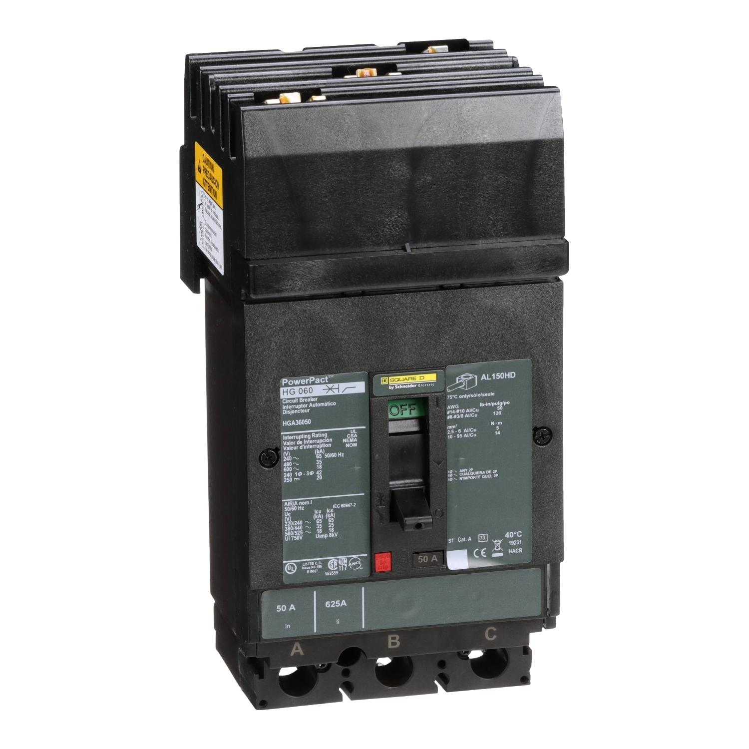 HGA36050 HGA Molded Case Circuit Breaker, 600 V AC/250/500 V DC, 50 A, 18 to 20 kA Interrupt, 3 Poles, Thermal Magnetic Trip