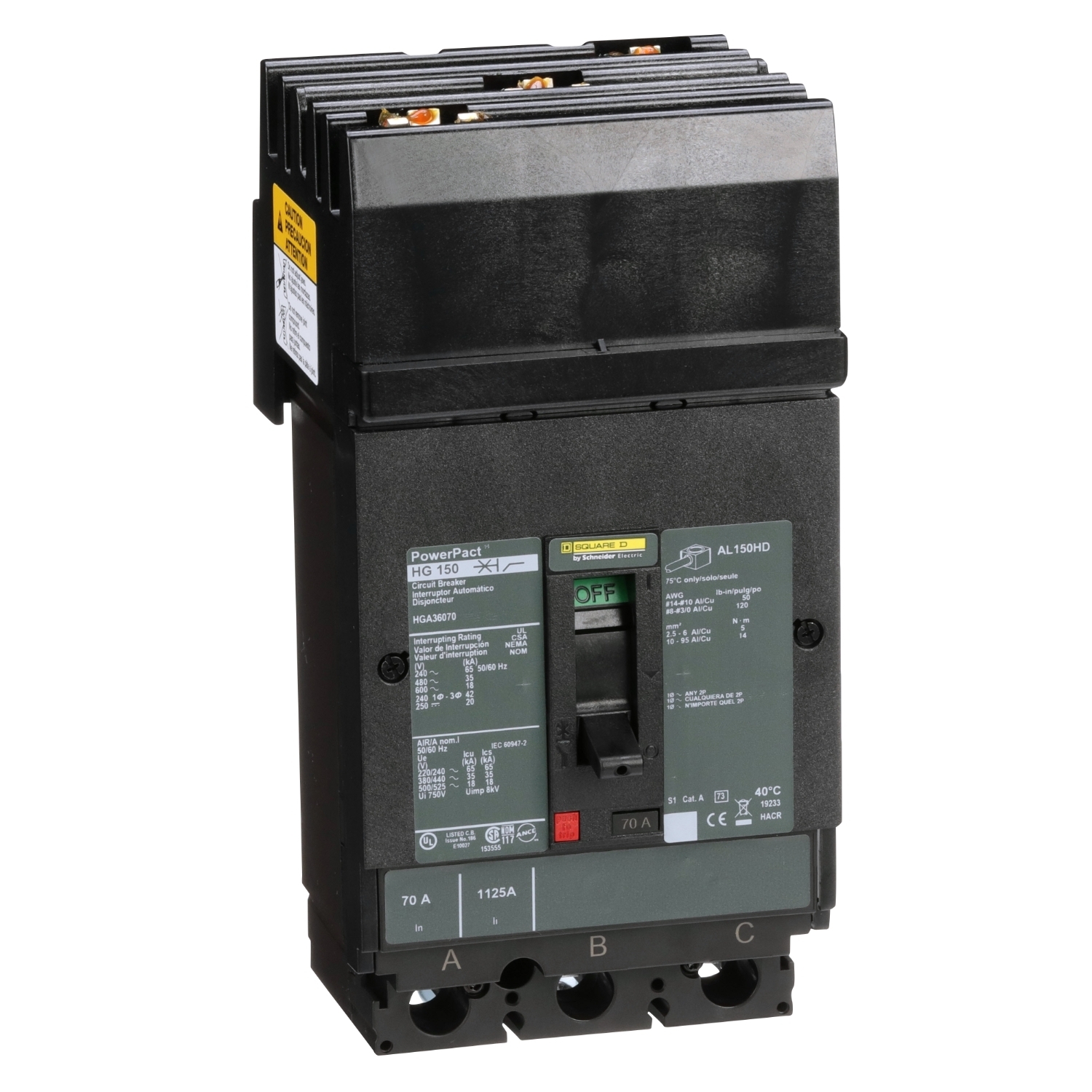HGA36070 PowerPact 80% Rated Type HGA Molded Case Circuit Breaker, 600 V AC/250 V DC, 70 A, 65 kA at 240 VAC/35 kA at 480 VAC/18 kA at 600 VAC/20 kA at 250VDC Interrupt, 3 Poles, Thermal Magnetic Trip