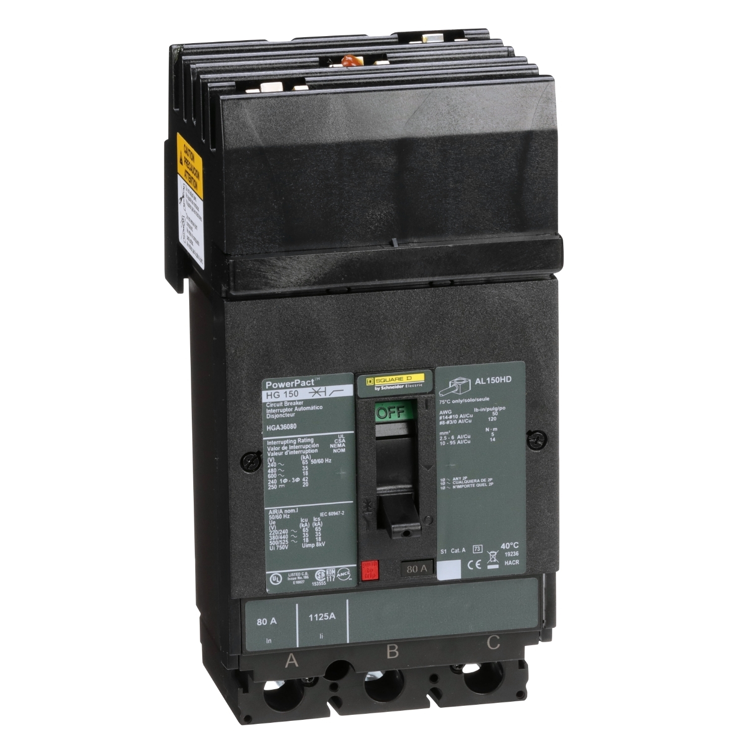 HGA36080 HGA Molded Case Circuit Breaker, 600 V AC/250 V DC, 80 A, 65 kA at 240 VAC/35 kA at 480 VAC/18 kA at 600 VAC/20 kA at 250VDC Interrupt, 3 Poles, Thermal Magnetic Trip