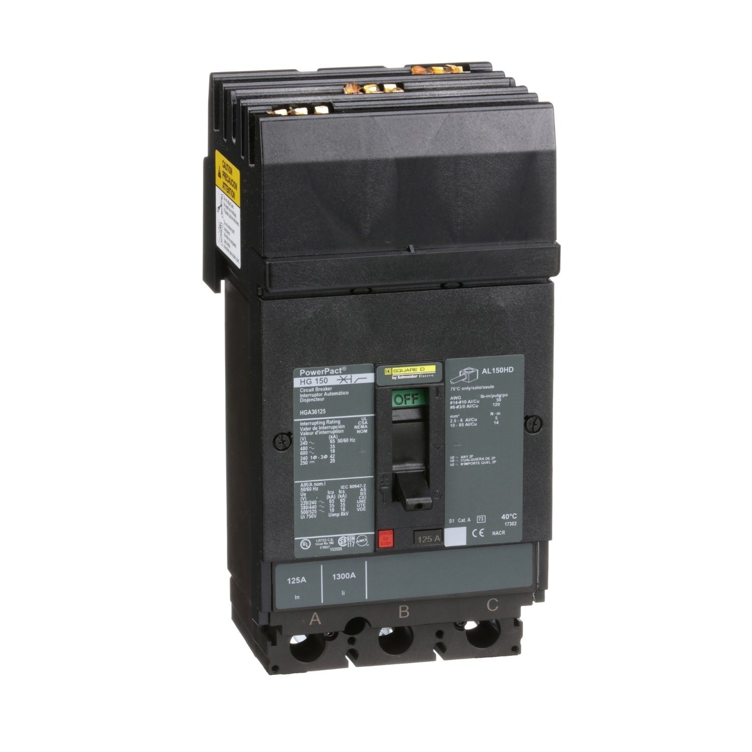 HGA36125 PowerPact 80% Rated Type HGA Molded Case Circuit Breaker, 600 V AC/250 V DC, 125 A, 65 kA at 240 VAC/35 kA at 480 VAC/18 kA at 600 VAC/20 kA at 250VDC Interrupt, 3 Poles, Thermal Magnetic Trip