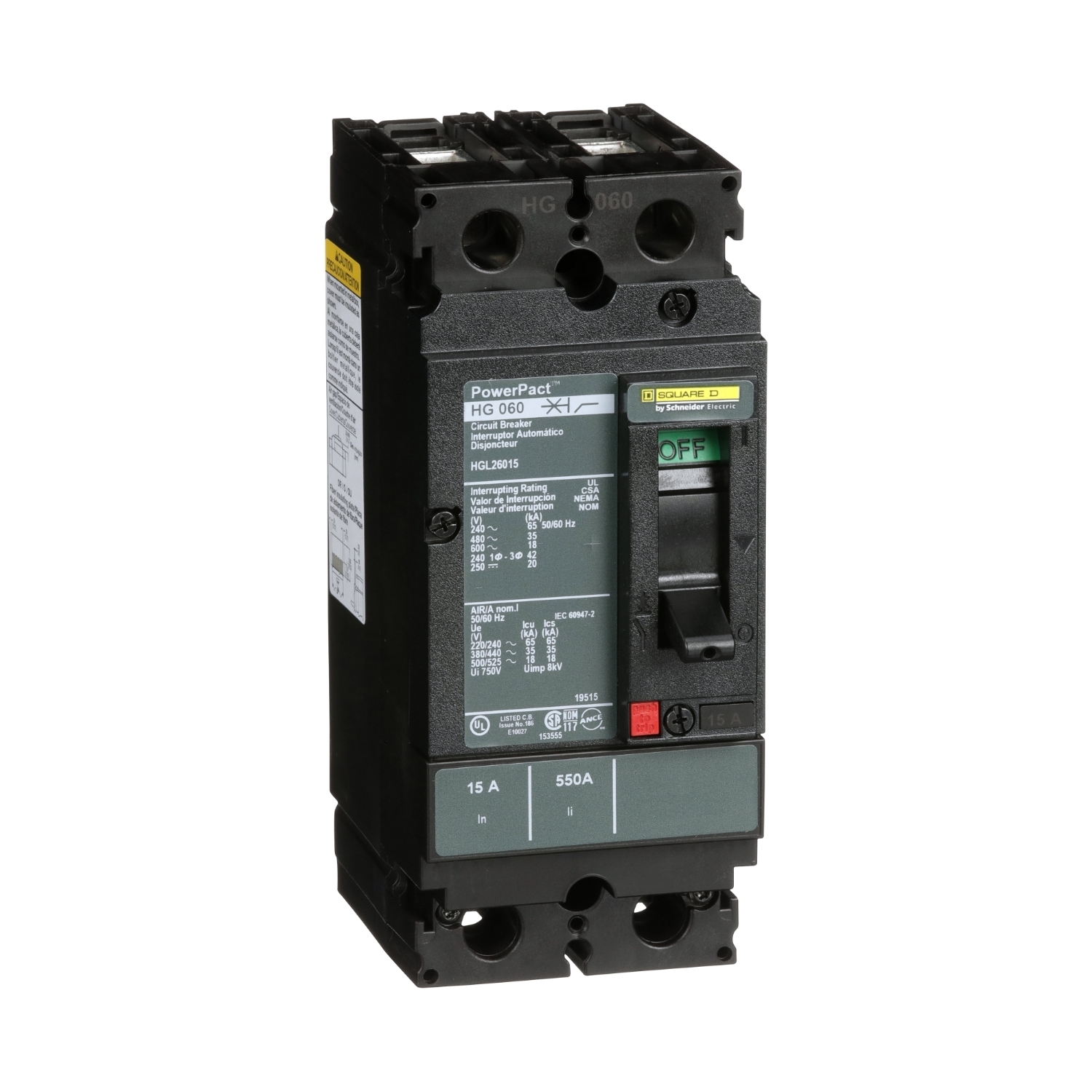 HGL26015 PowerPact 80% Rated Type HGL Molded Case Circuit Breaker, 600 V AC/250 V DC, 15 A, 65 kA at 240 VAC/35 kA at 480 VAC/18 kA at 600 VAC/20 kA at 250VDC Interrupt, 2 Poles, Thermal Magnetic Trip