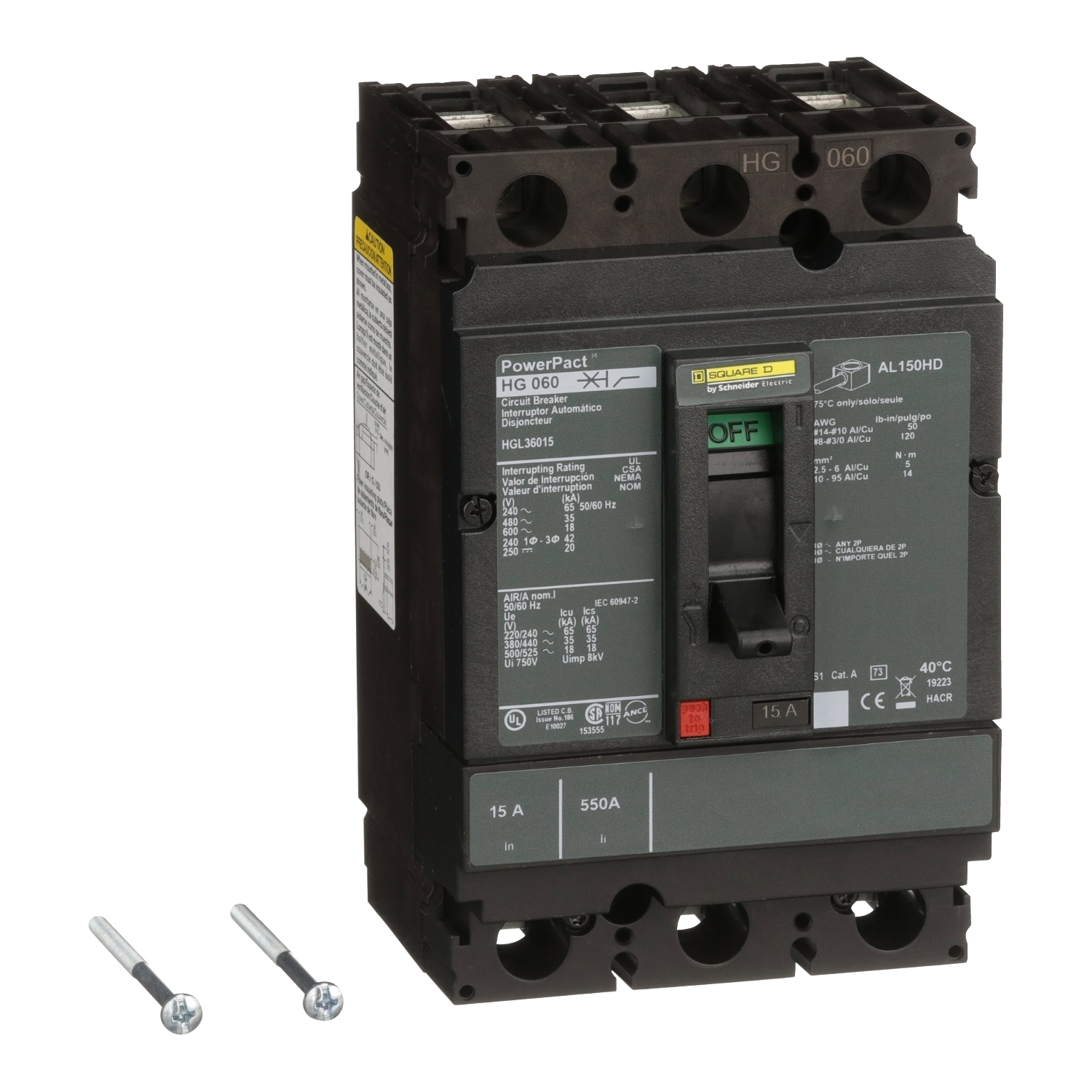 HGL36015 HGL Molded Case Circuit Breaker, 600 V AC/250 V DC, 15 A, 65 kA at 240 VAC/35 kA at 480 VAC/18 kA at 600 VAC/20 kA at 250VDC Interrupt, 3 Poles, Thermal Magnetic Trip