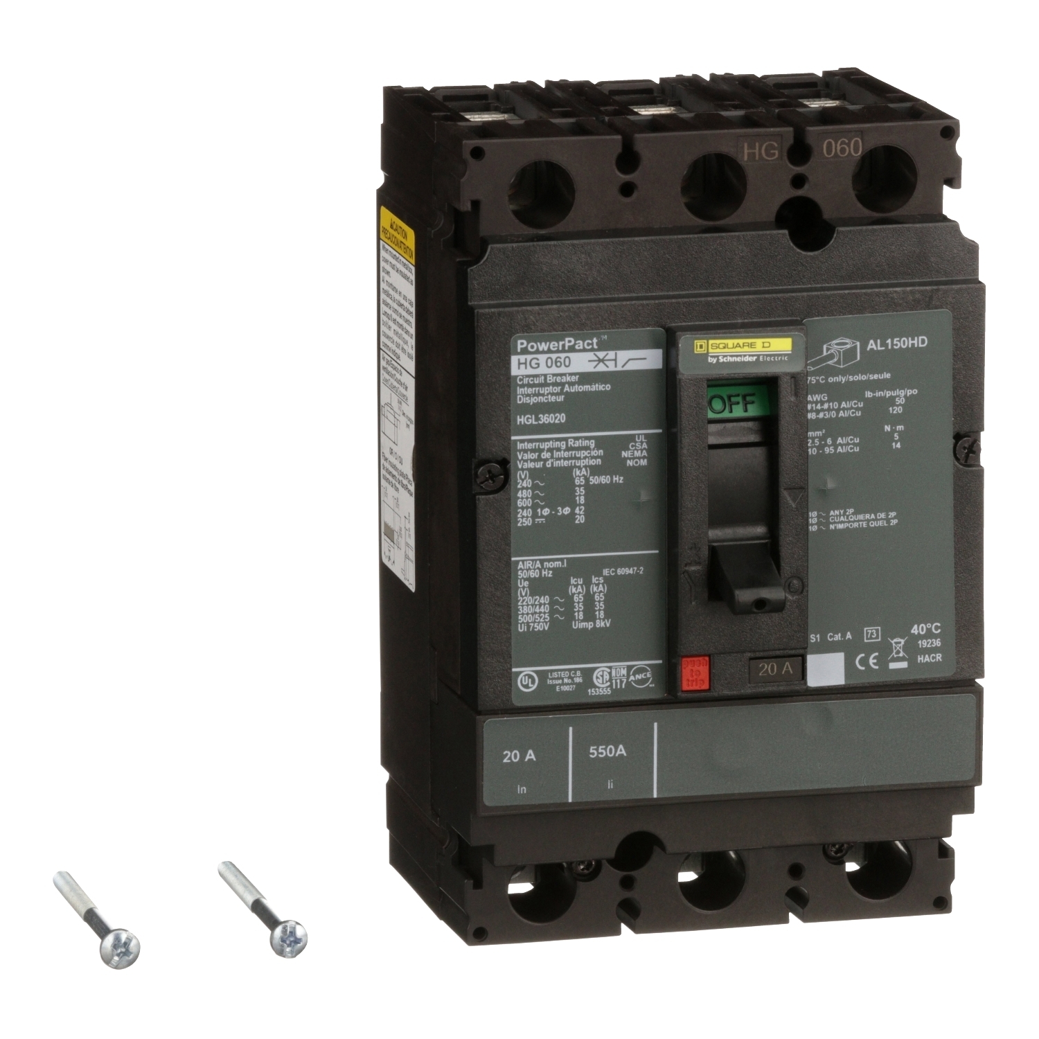 HGL36020 PowerPact 80% Rated Type HGL Molded Case Circuit Breaker, 600 V AC/250 V DC, 20 A, 65 kA at 240 VAC/35 kA at 480 VAC/18 kA at 600 VAC/20 kA at 250VDC Interrupt, 3 Poles, Thermal Magnetic Trip