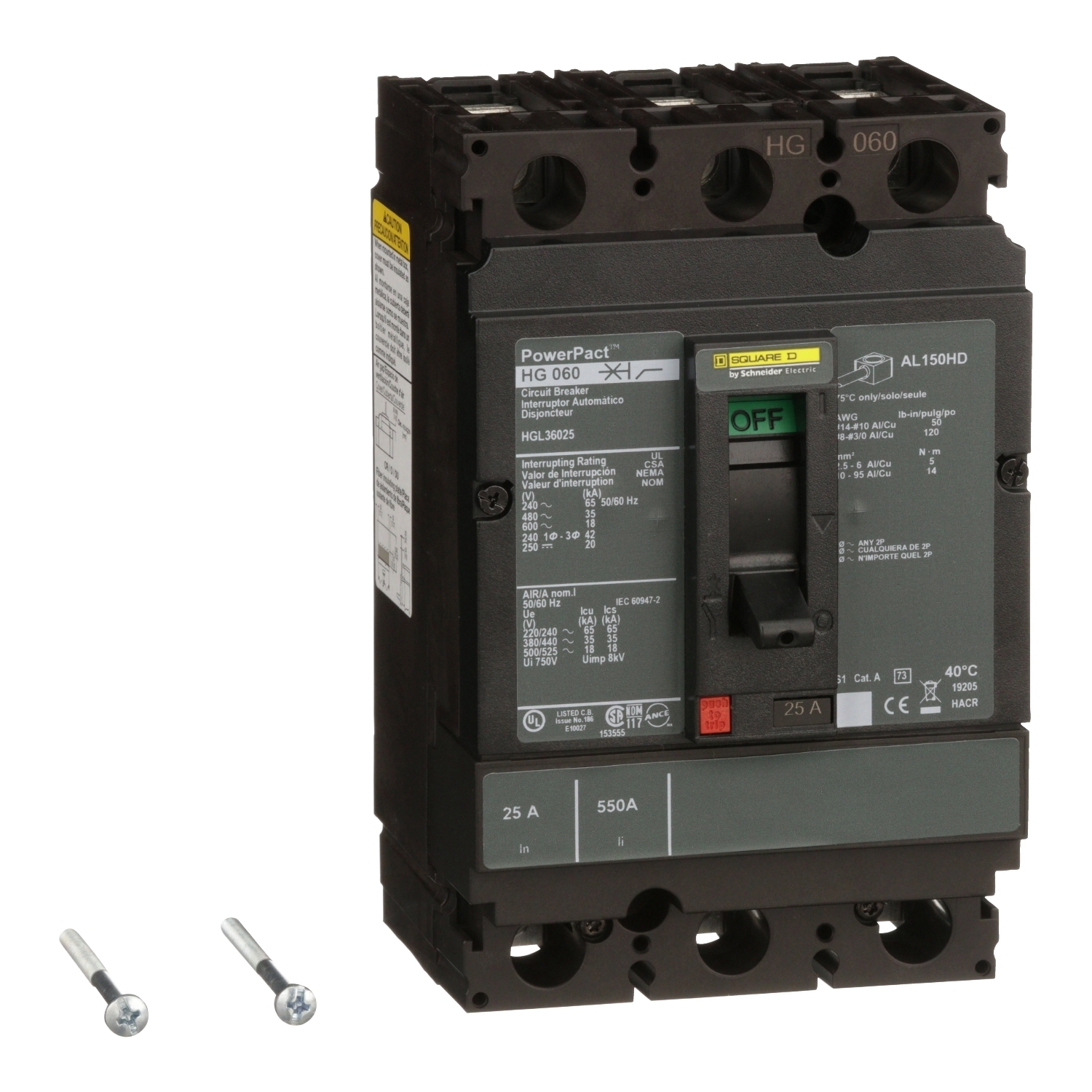 HGL36025 I-Line PowerPact 80% Rated Type HGL Molded Case Circuit Breaker, 600 V AC/250 to 500 V DC, 25 A, 250 VDC/500 VDC/600 VAC/65 kA at 240 VAC/35 kA at 480 VAC/18 kA at 600 VAC/20 kA at 500 VDC/20 kA at 250 VDC Interrupt, 3 Poles