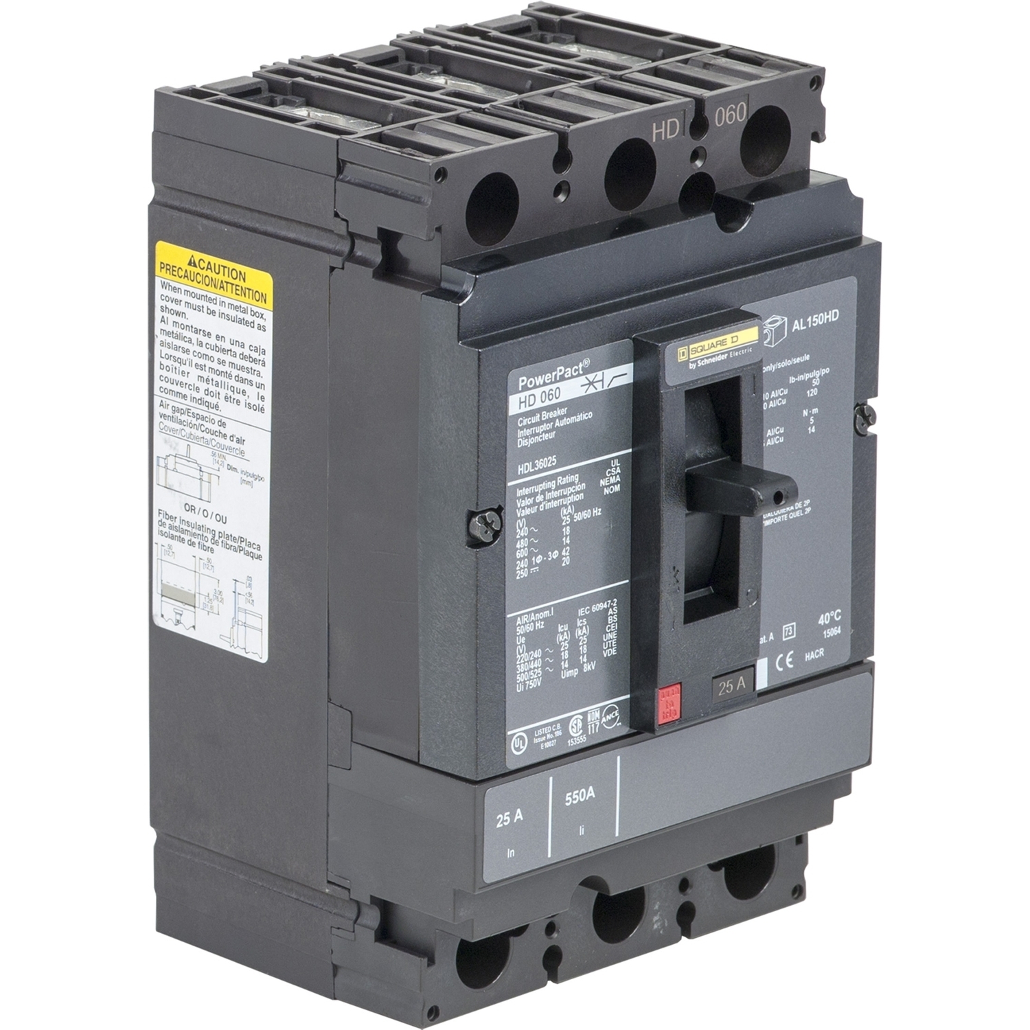HGL36045 I-Line PowerPact H Type HGL Molded Case Circuit Breaker, 600 V AC/250 to 500 V DC, 45 A, 18/20/35/65 kA Interrupt, 3 Poles, Thermal Magnetic Trip