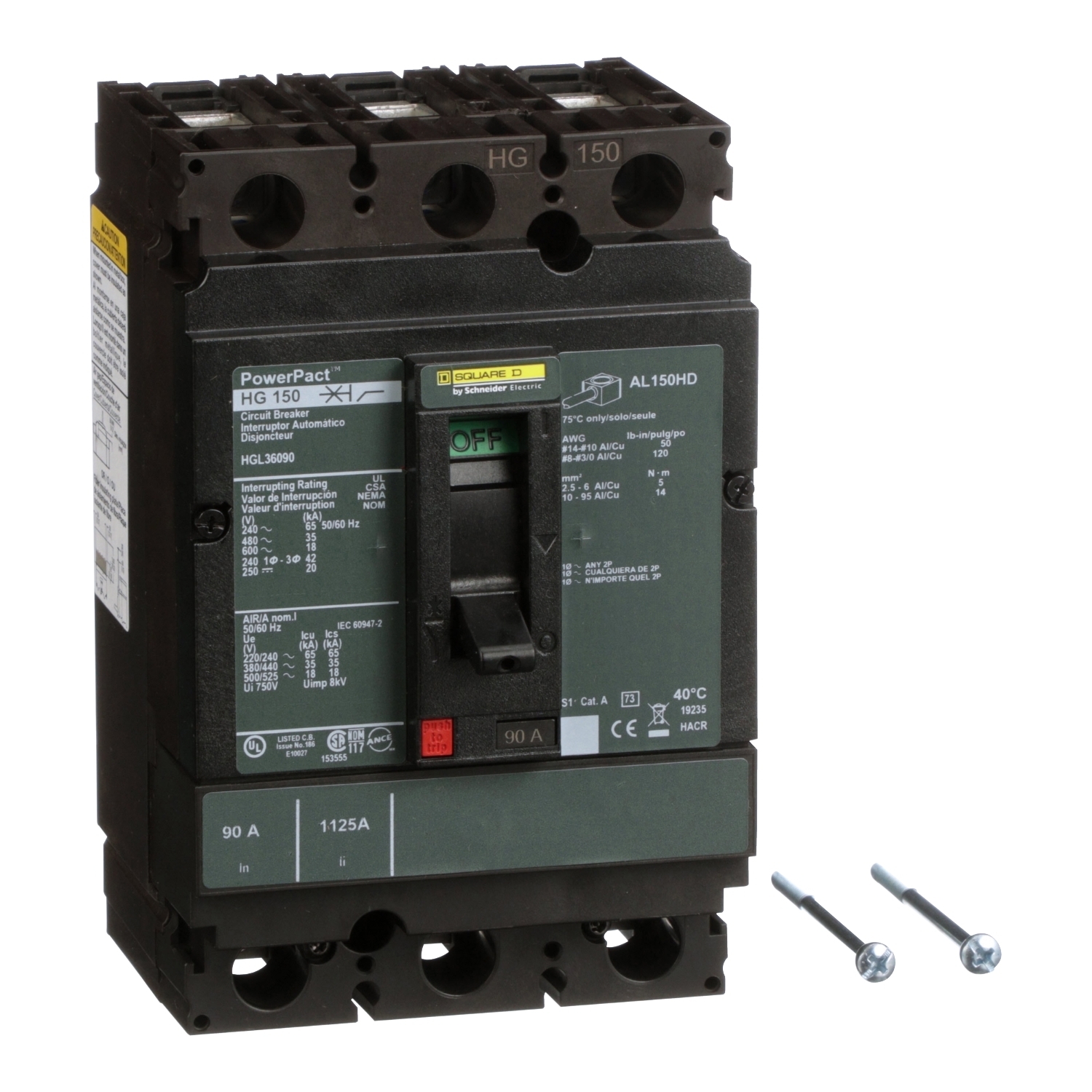 HGL36090 HGL Molded Case Circuit Breaker, 600 V AC/250 V DC, 90 A, 65 kA at 240 VAC/35 kA at 480 VAC/18 kA at 600 VAC/20 kA at 250VDC Interrupt, 3 Poles, Thermal Magnetic Trip
